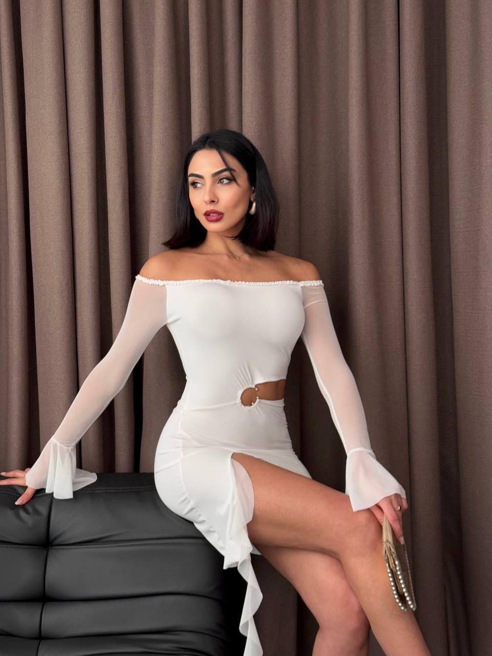 Micro ve Likralı Tül Kumaş Bel Detay  Tasarım Elbise Beyaz