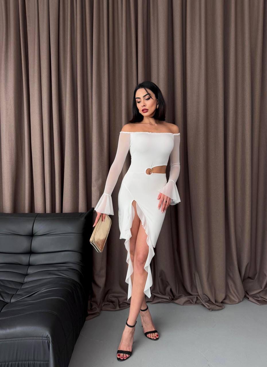 Micro ve Likralı Tül Kumaş Bel Detay  Tasarım Elbise Beyaz