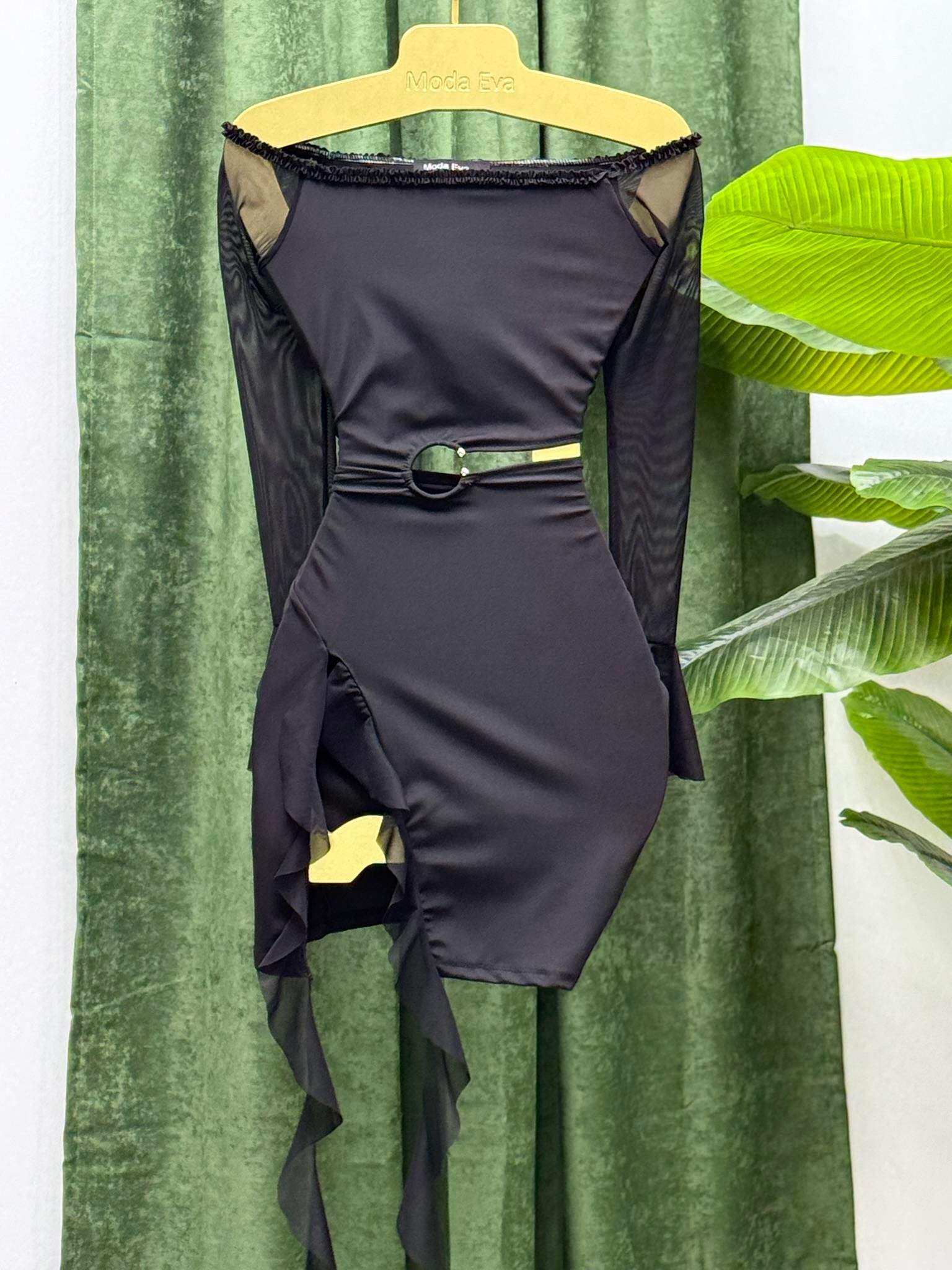 Micro ve Likralı Tül Kumaş Bel Detay  Tasarım Elbise Siyah