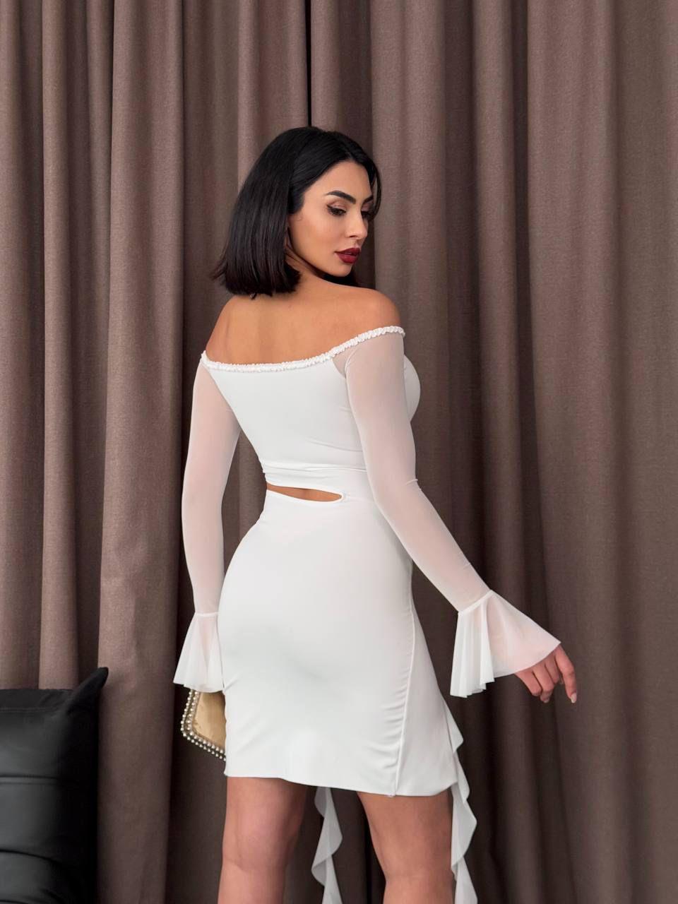 Micro ve Likralı Tül Kumaş Bel Detay  Tasarım Elbise Beyaz