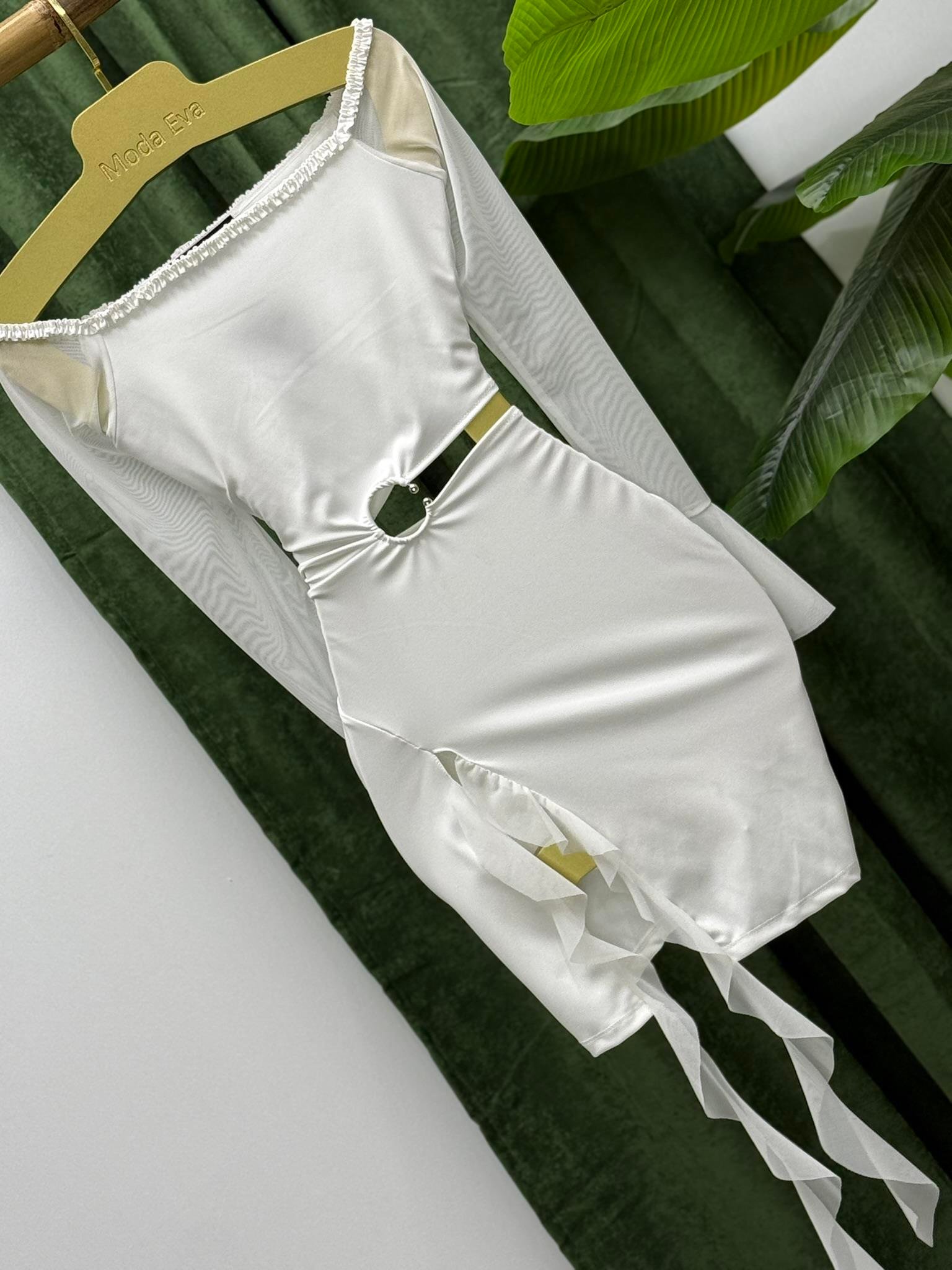 Micro ve Likralı Tül Kumaş Bel Detay  Tasarım Elbise Beyaz