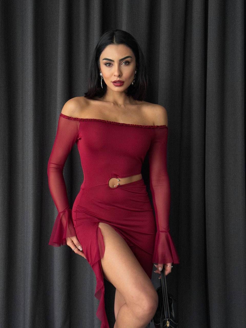 Micro ve Likralı Tül Kumaş Bel Detay  Tasarım Elbise Bordo