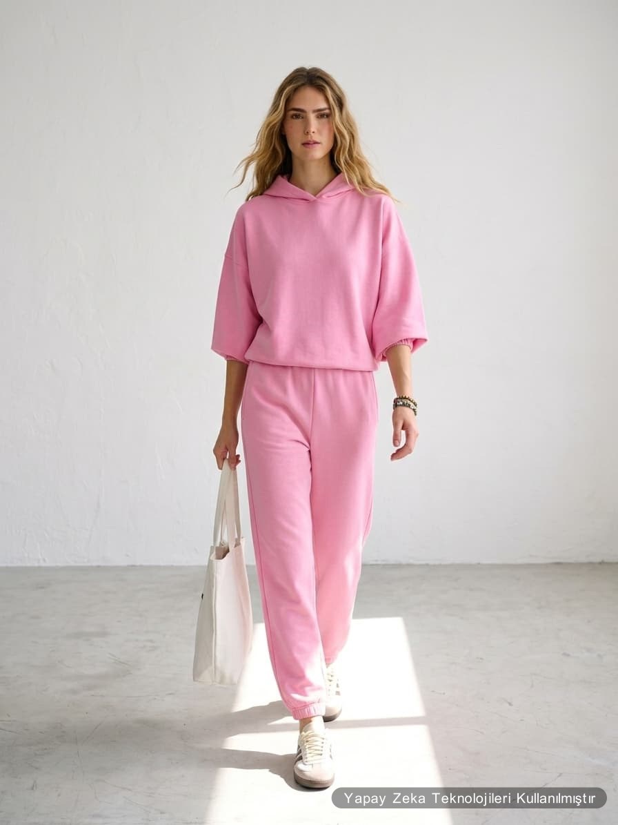 Modal Kumaş Kapişonlu Sweat Joger Alt İkili Pembe Eşofman Takım
