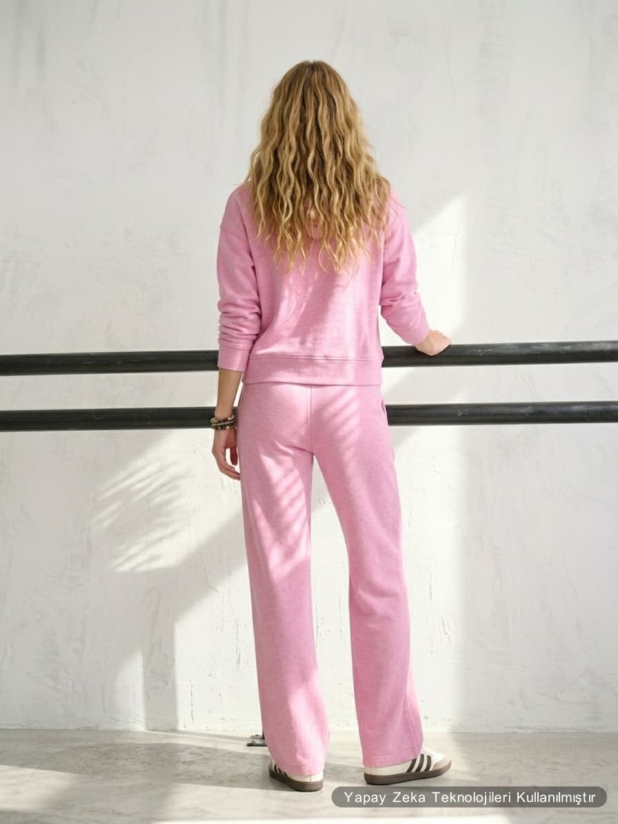 Modal Kumaş Kapişonlu Sweat Joger Alt İkili Pembe Eşofman Takım
