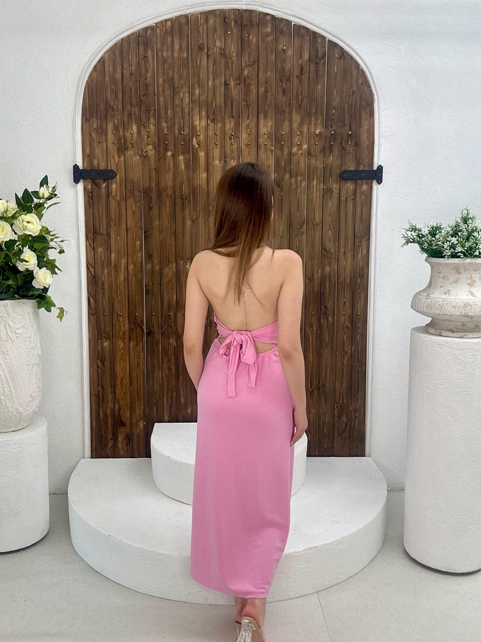 Modal Kumaş Sırt Bağlama Detaylı Uzun Tasarım Elbisemiz Pembe