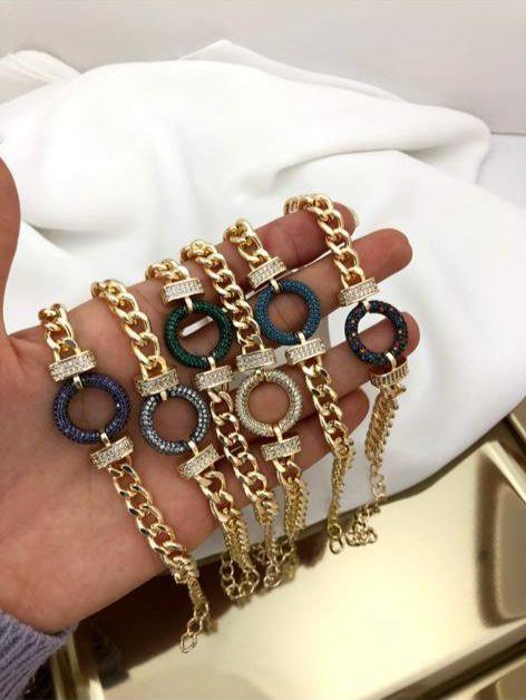 Moi Altın Kaplama Çelik Zirkon Taşlı Halka Charm Bileklik 