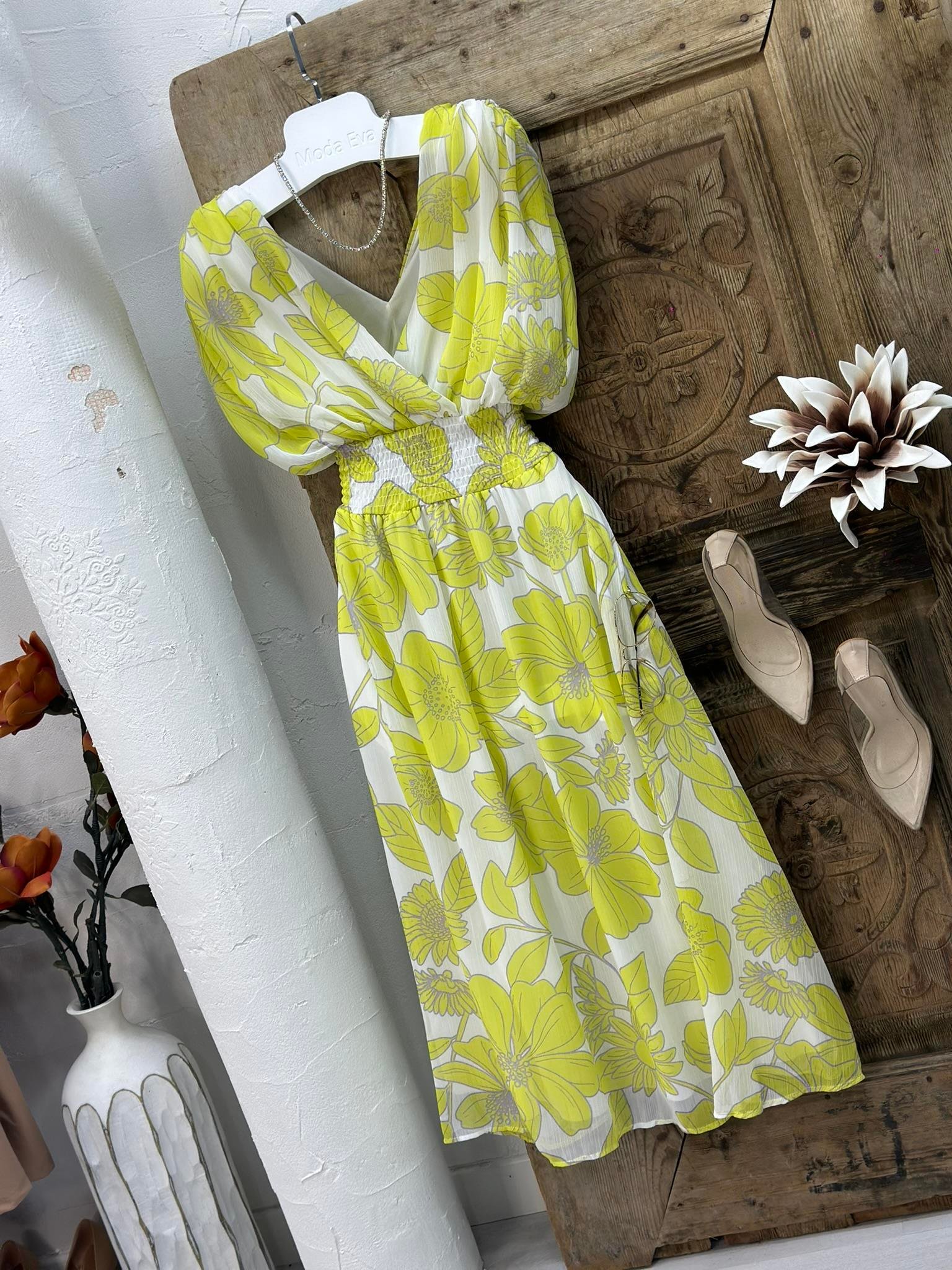 Multi Şifon Kumaş Beli Gipeli  Midi Boy Desenli Elbise