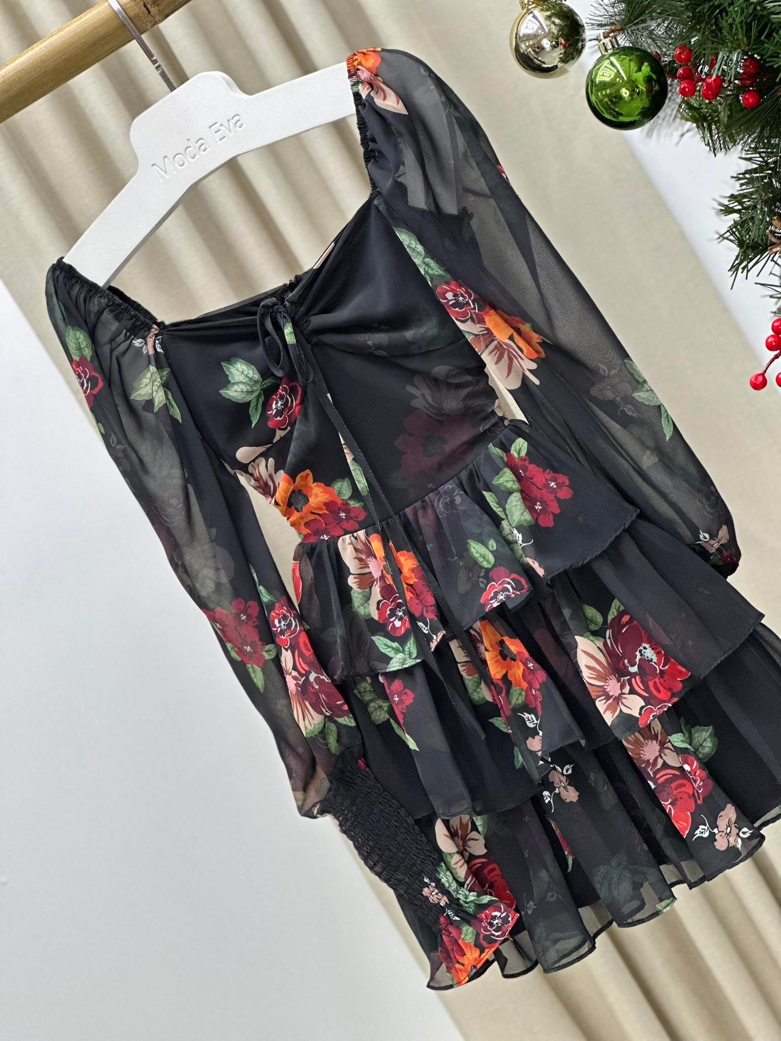 Multi Şifon Kumaş Çiçek Desen Kat Etekli Tasarım Elbise