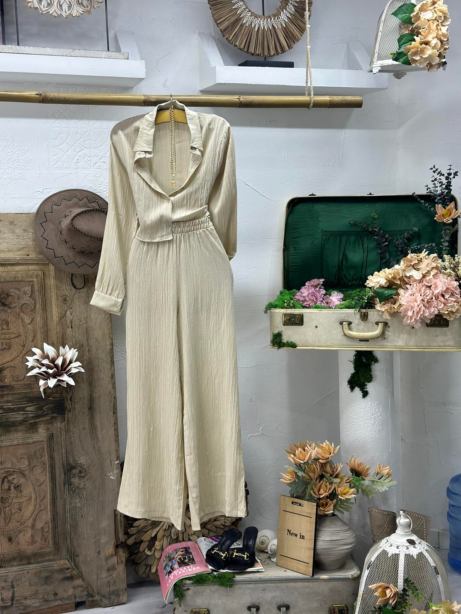 Müslin Keten Kumaş Kısa Gömlekli Pantolonlu İkili Takım 