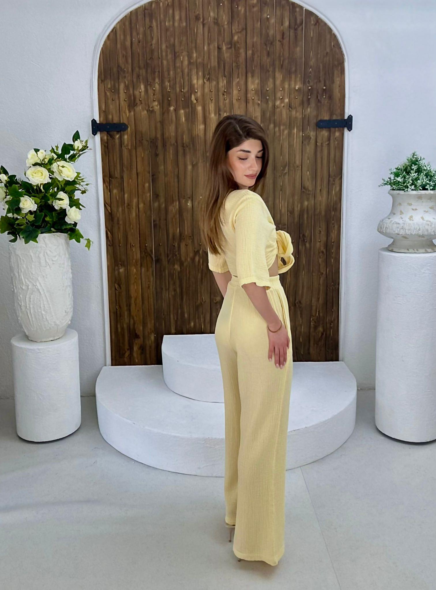 Müslin Kumaş Cep Detaylı Beli Lastikli Rahat Pantolon Sarı