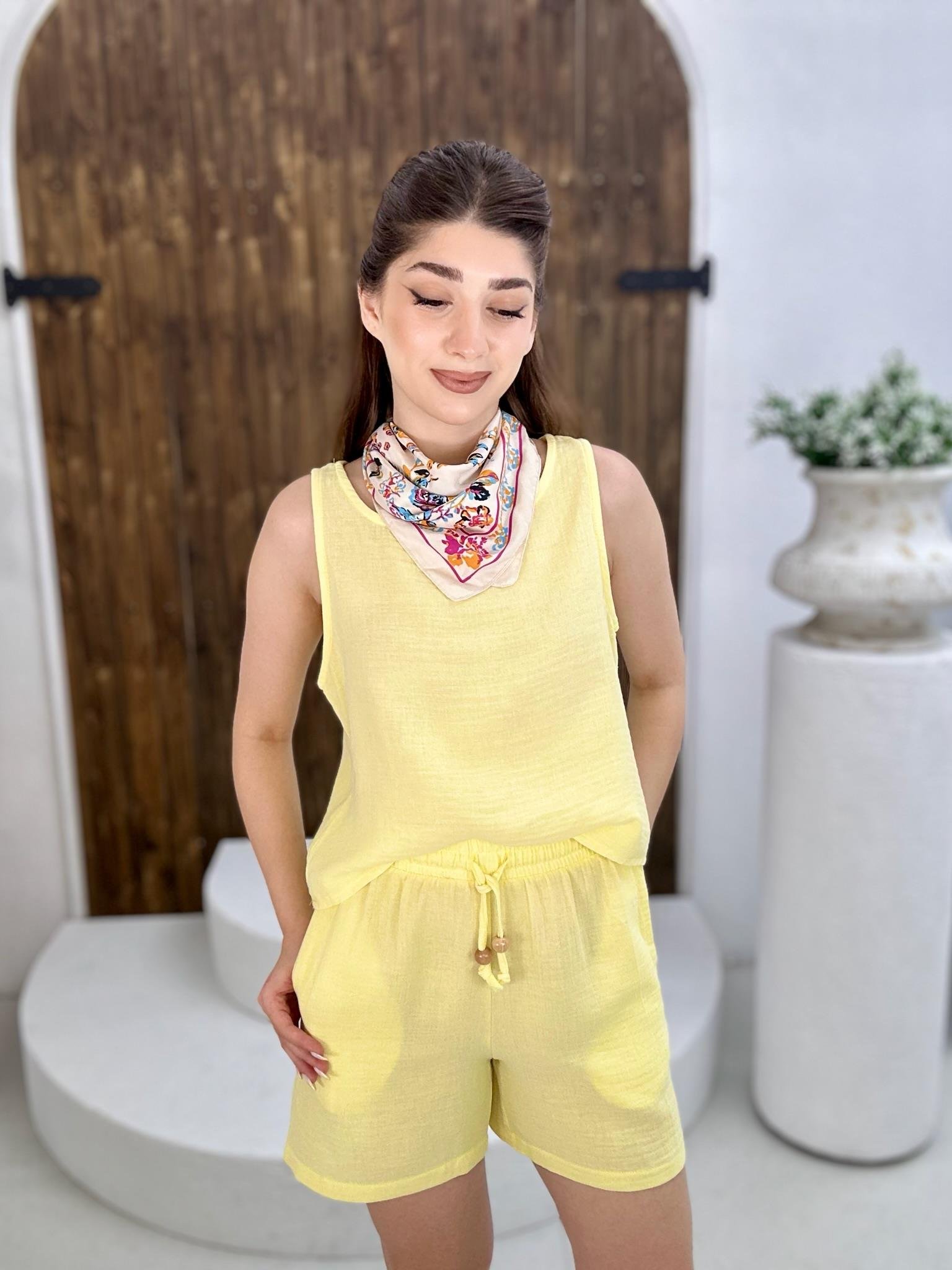 Müslin Kumaş Şortlu İkili Takım Sarı