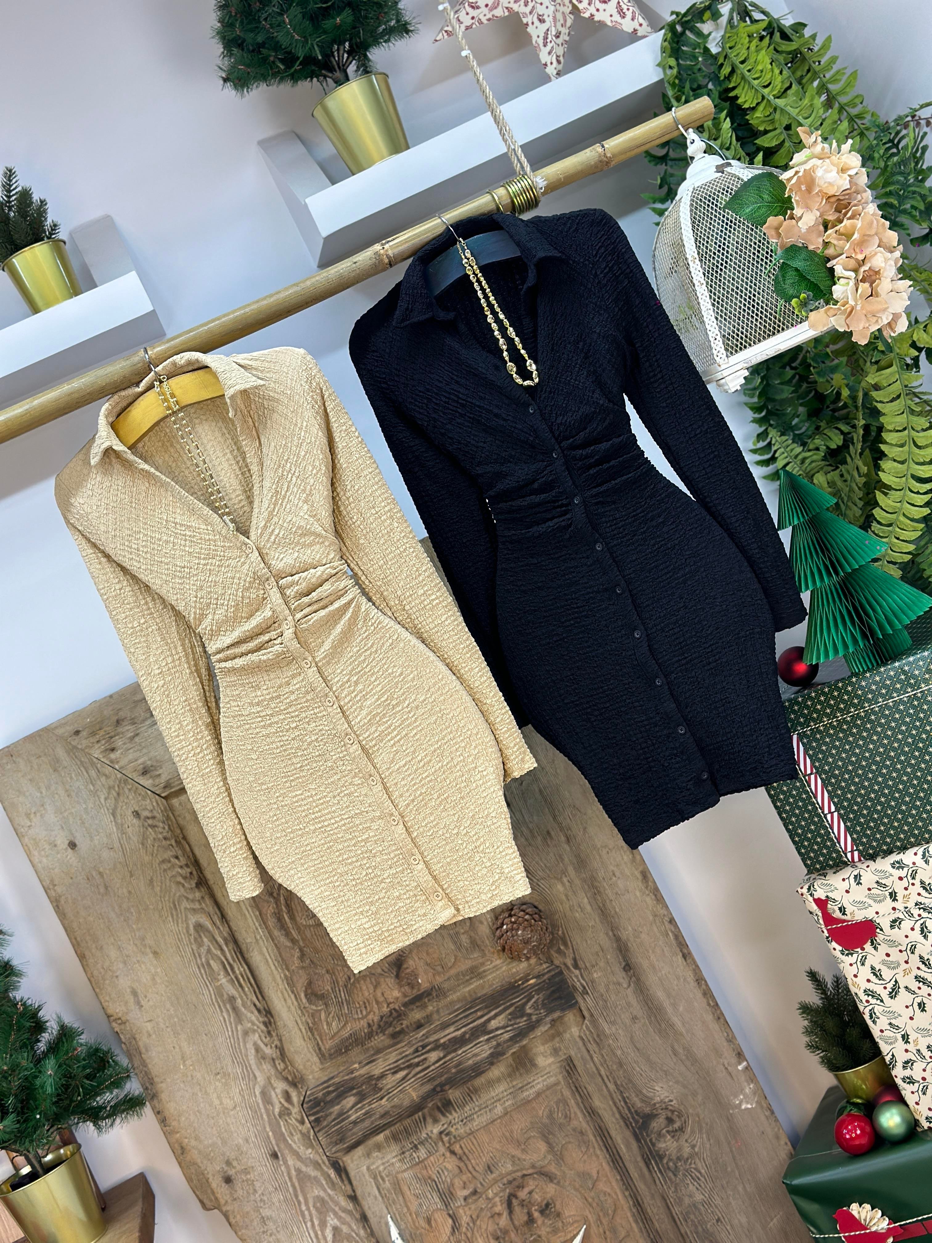 Önü Büzgülü Düğmeli Gömlek Yaka Elbise