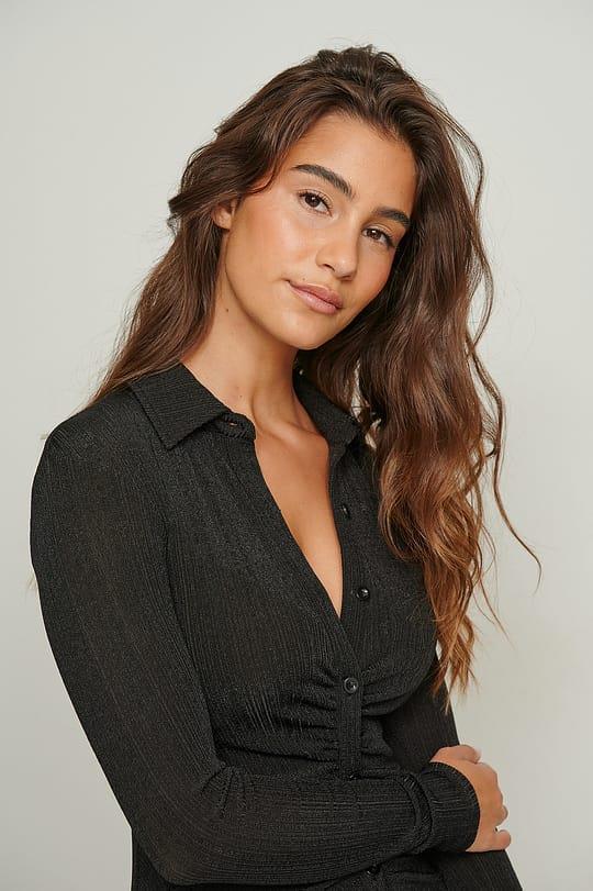 Önü Büzgülü Düğmeli Gömlek Yaka Elbise