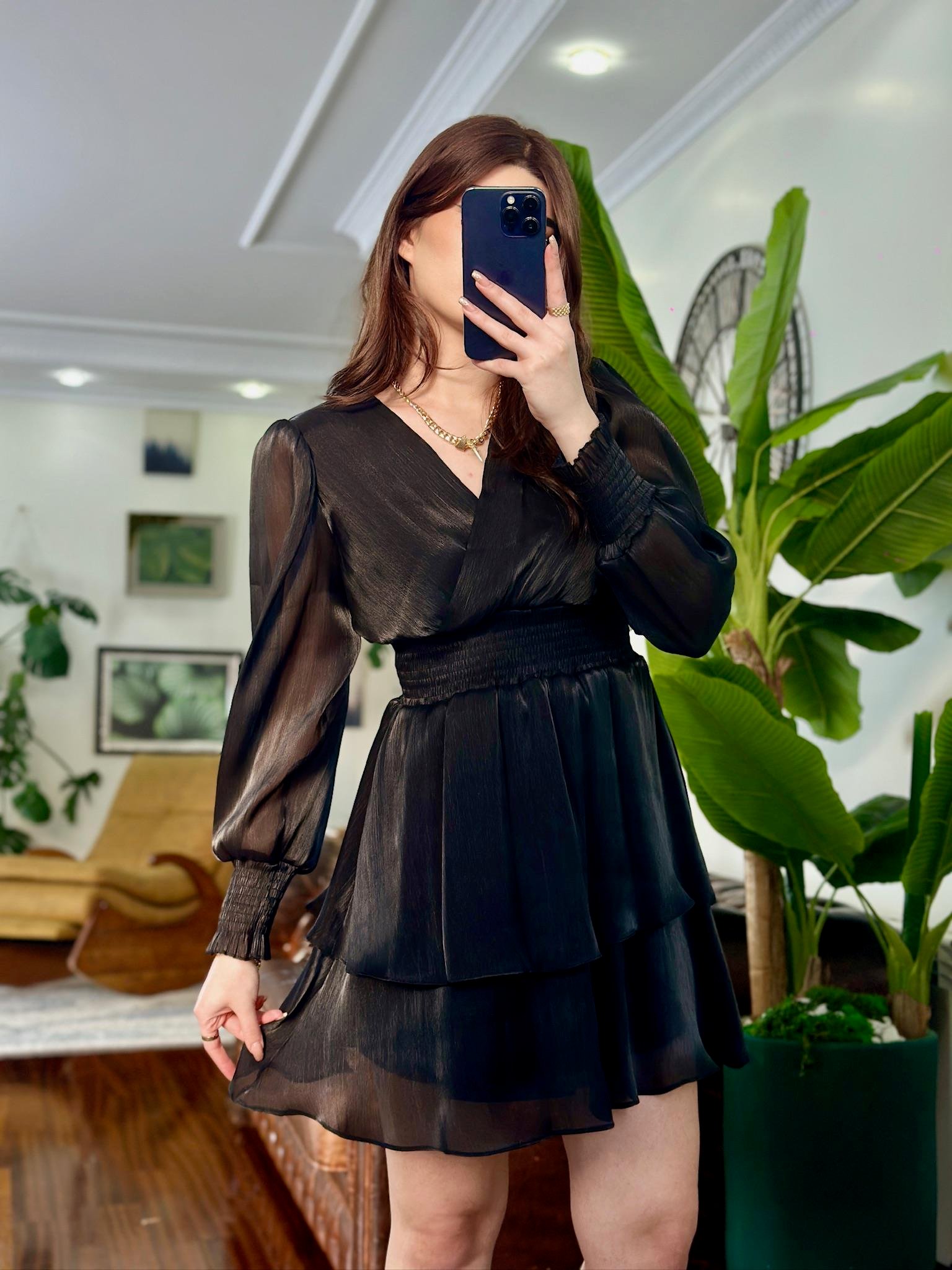 Organze Kumaş Beli Gipeli Kloş Tasarım Elbise Siyah