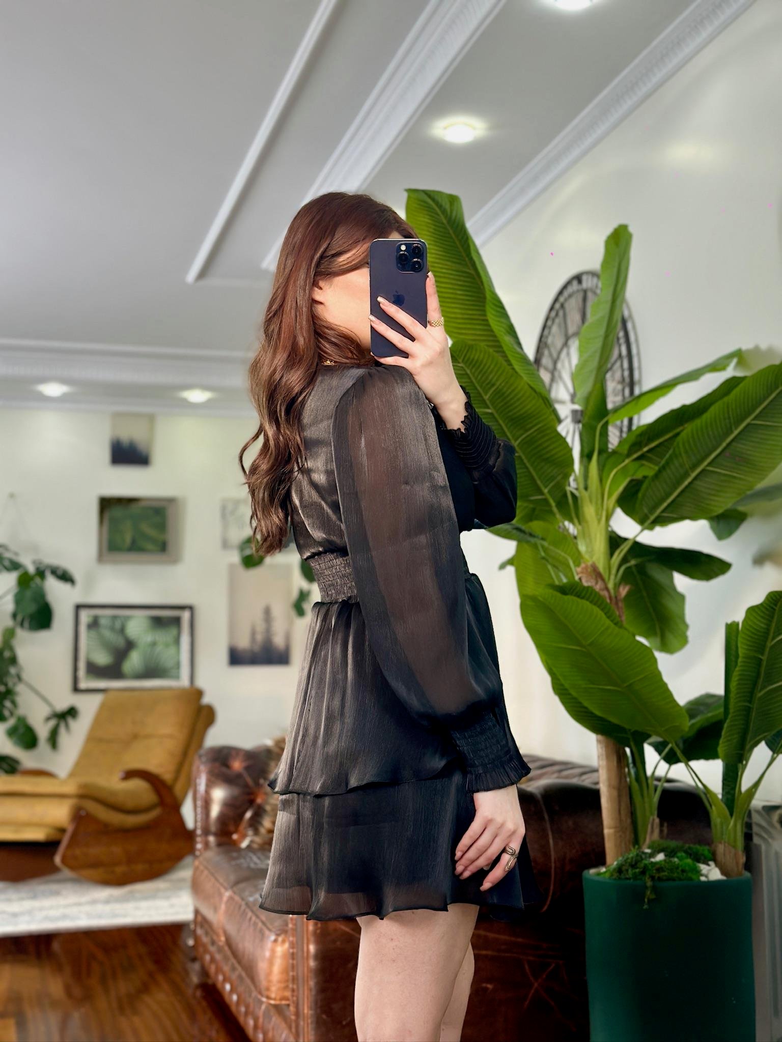 Organze Kumaş Beli Gipeli Kloş Tasarım Elbise Siyah