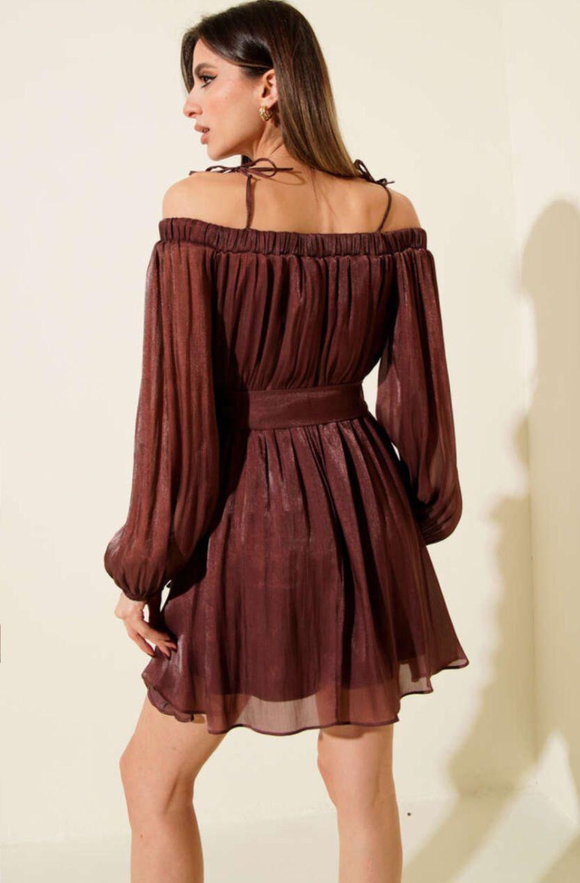 Organze Kumaş Madonna Yaka Kloş Tasarım Elbise Kahverengi