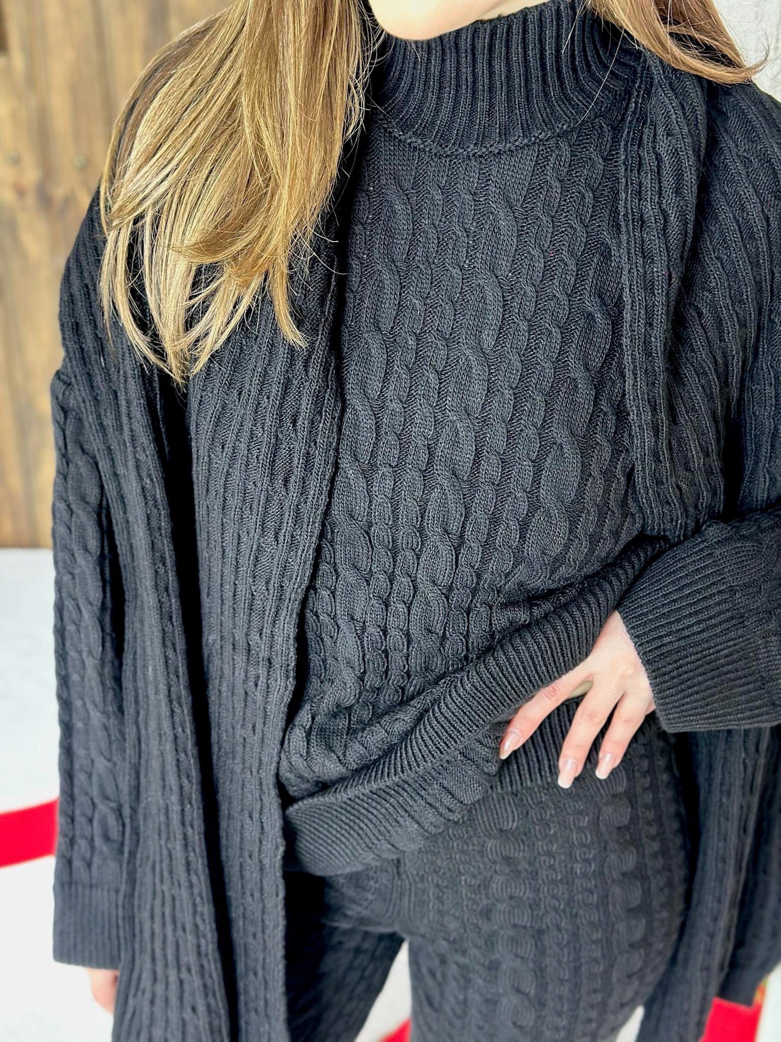 Örgü Desen Triko Şal Pantolon Kazak Üçlü Takım Siyah