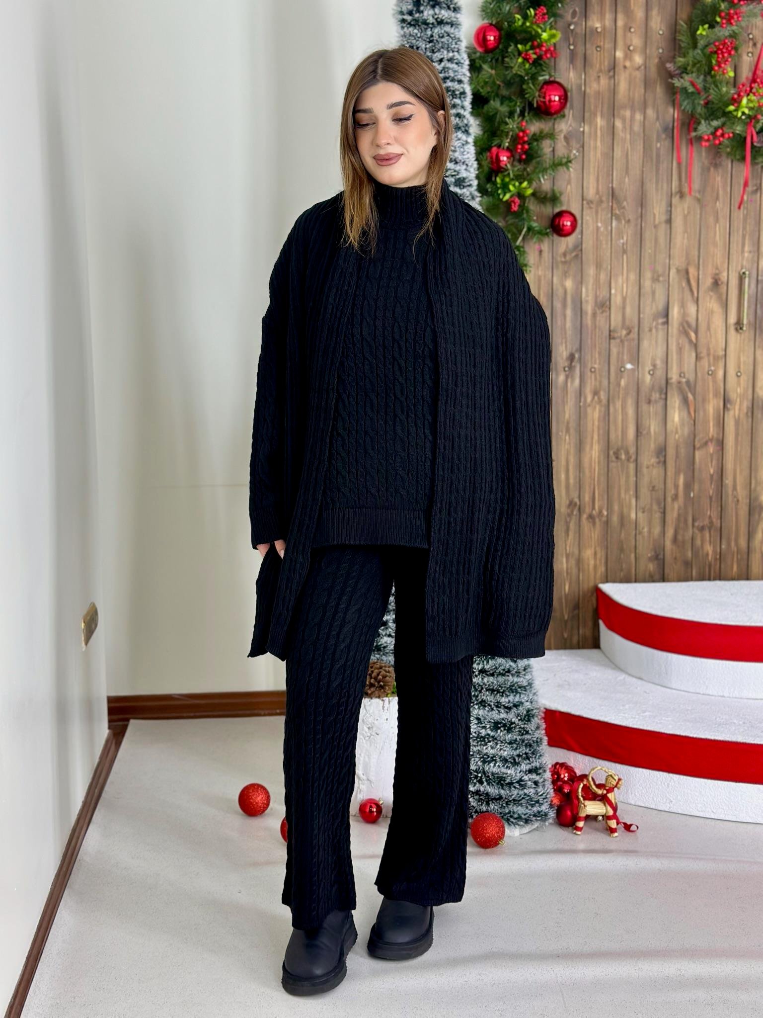 Örgü Desen Triko Şal Pantolon Kazak Üçlü Takım Siyah