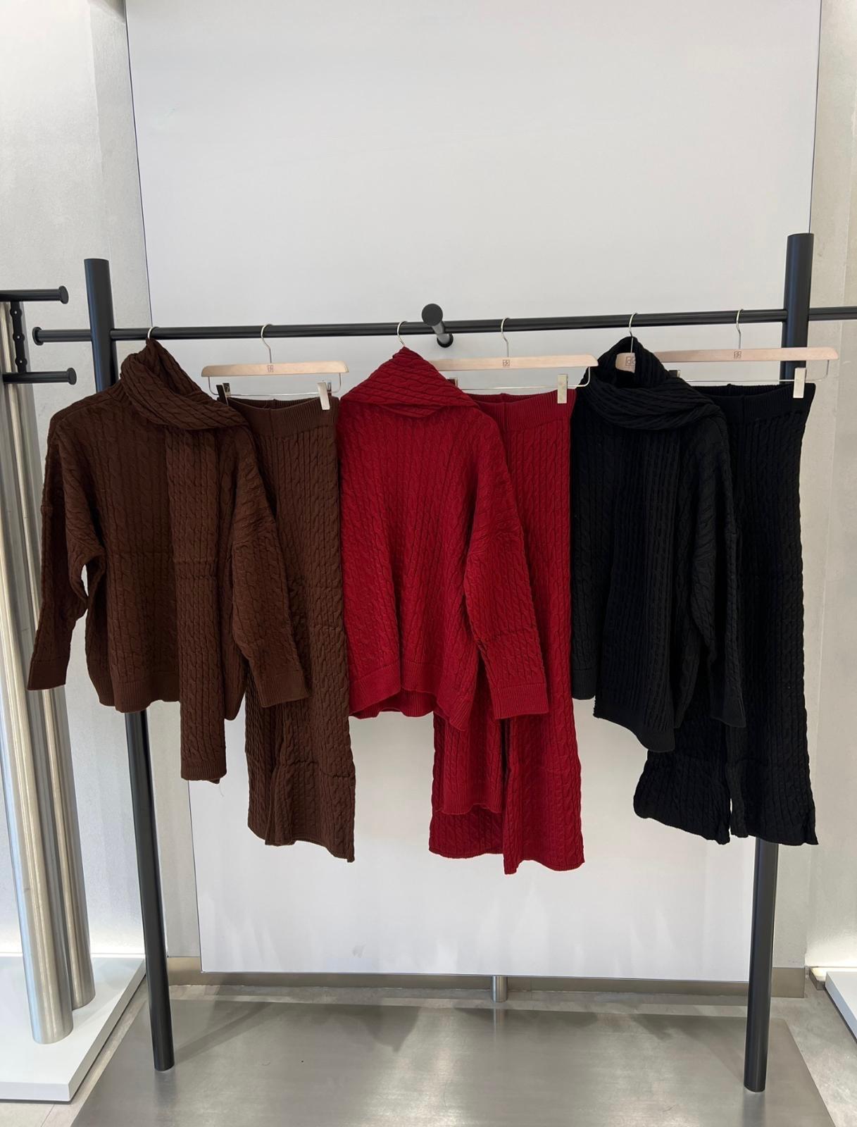 Örgü Desen Triko Şal Pantolon Kazak Üçlü Takım Siyah