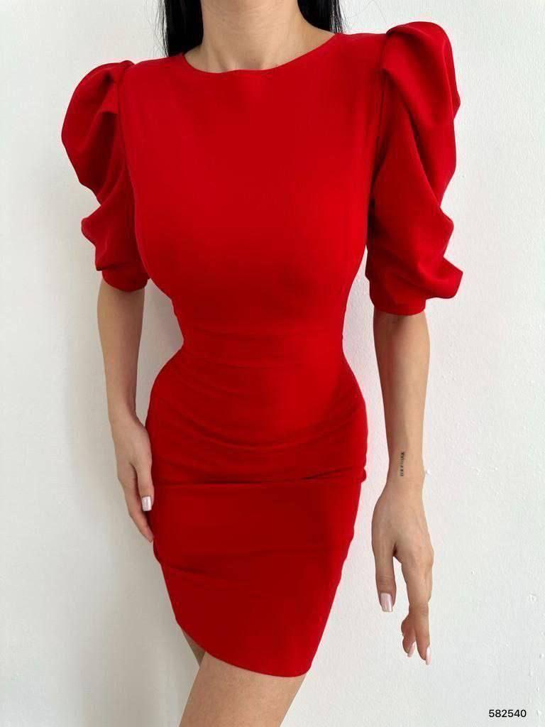 Örme Crep Kumaş Balon Kol Sırt Dekolteli Elbise