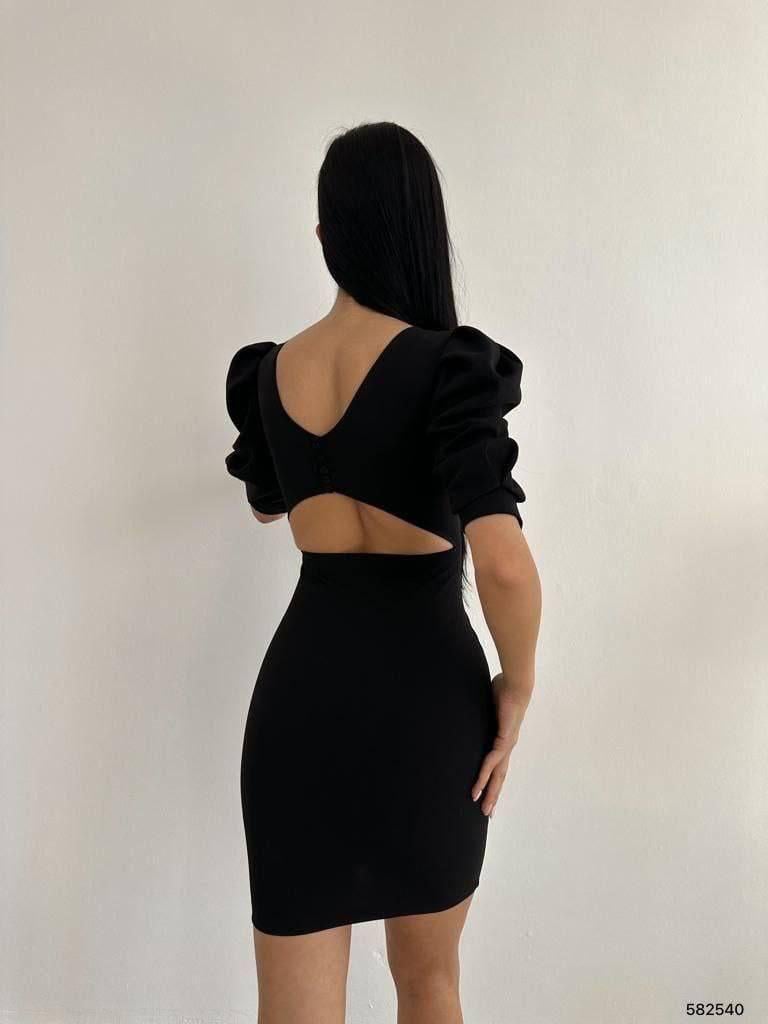 Örme Crep Kumaş Balon Kol Sırt Dekolteli Elbise