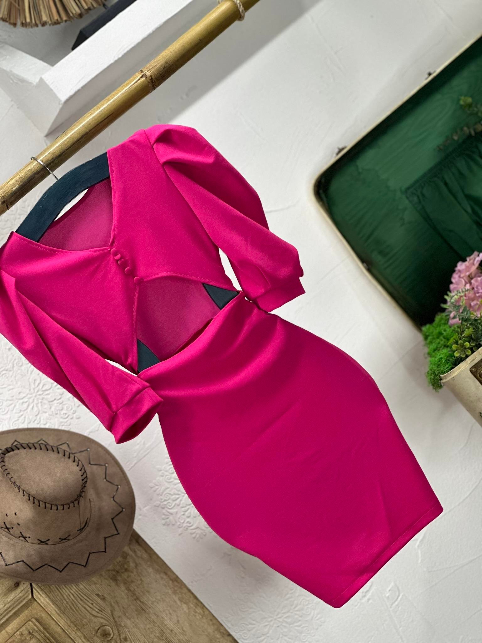 Örme Crep Kumaş Balon Kol Sırt Dekolteli Elbise