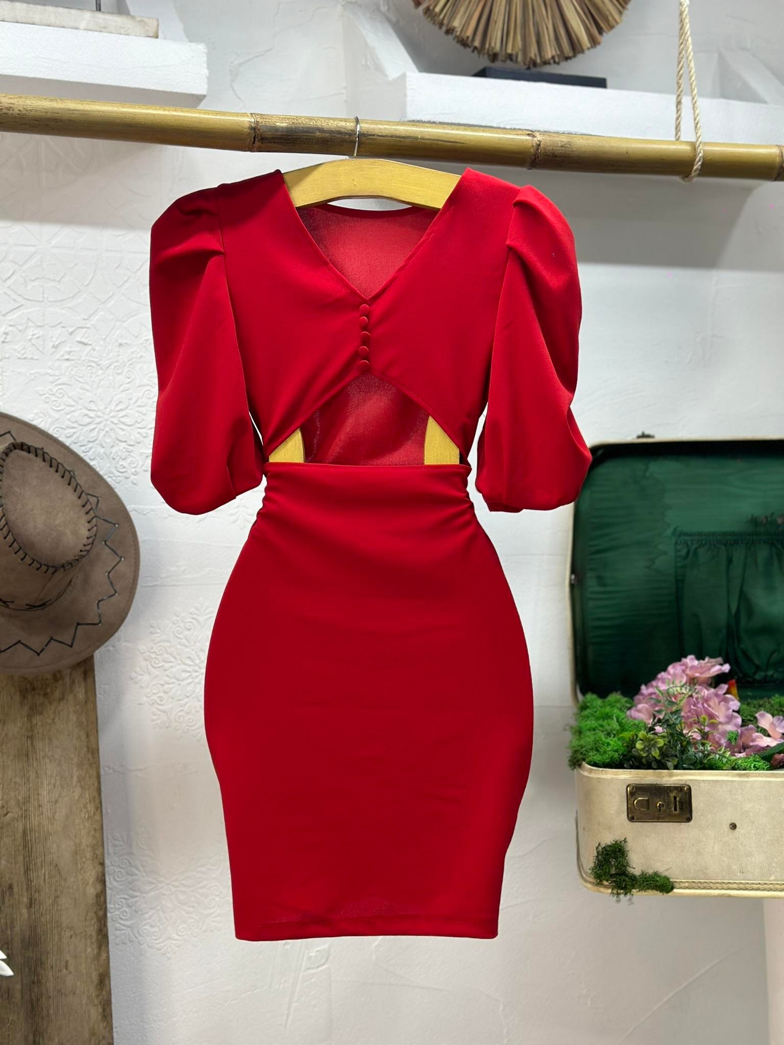 Örme Crep Kumaş Balon Kol Sırt Dekolteli Elbise