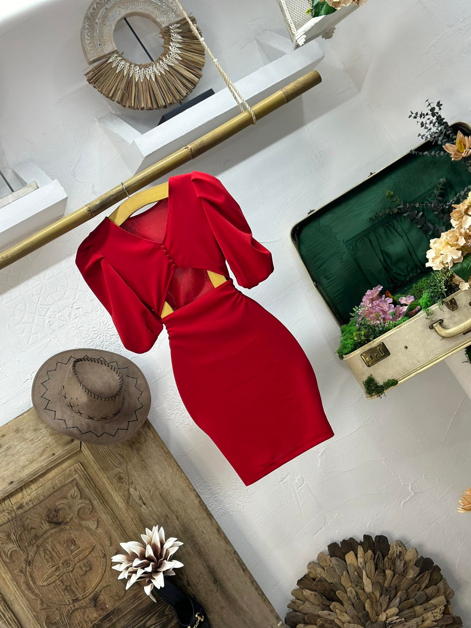 Örme Crep Kumaş Balon Kol Sırt Dekolteli Elbise