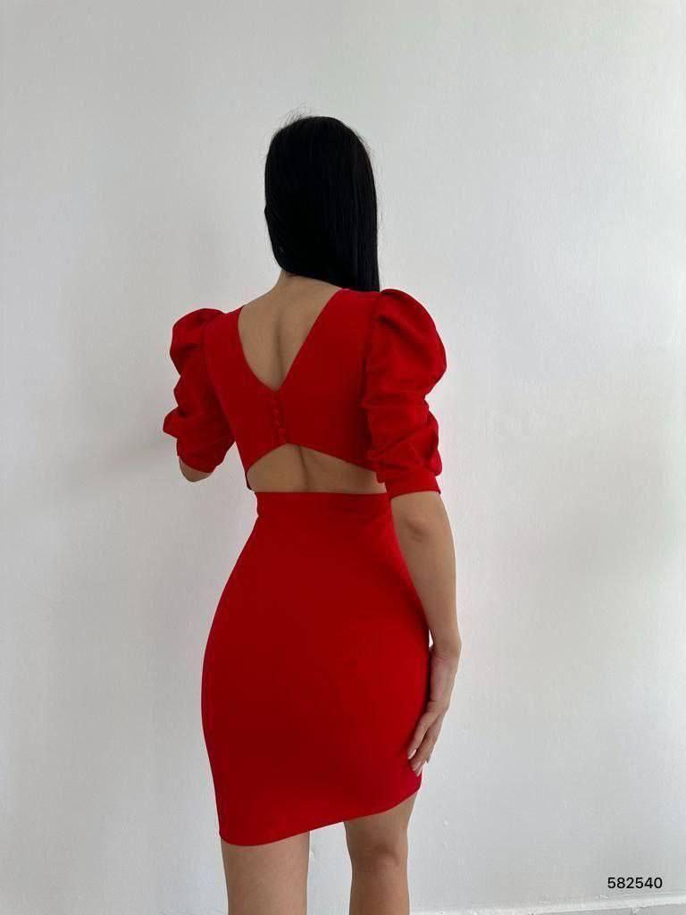 Örme Crep Kumaş Balon Kol Sırt Dekolteli Elbise