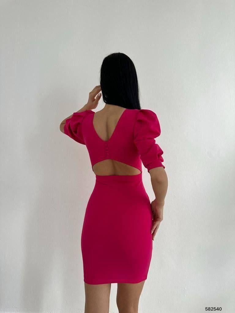 Örme Crep Kumaş Balon Kol Sırt Dekolteli Elbise