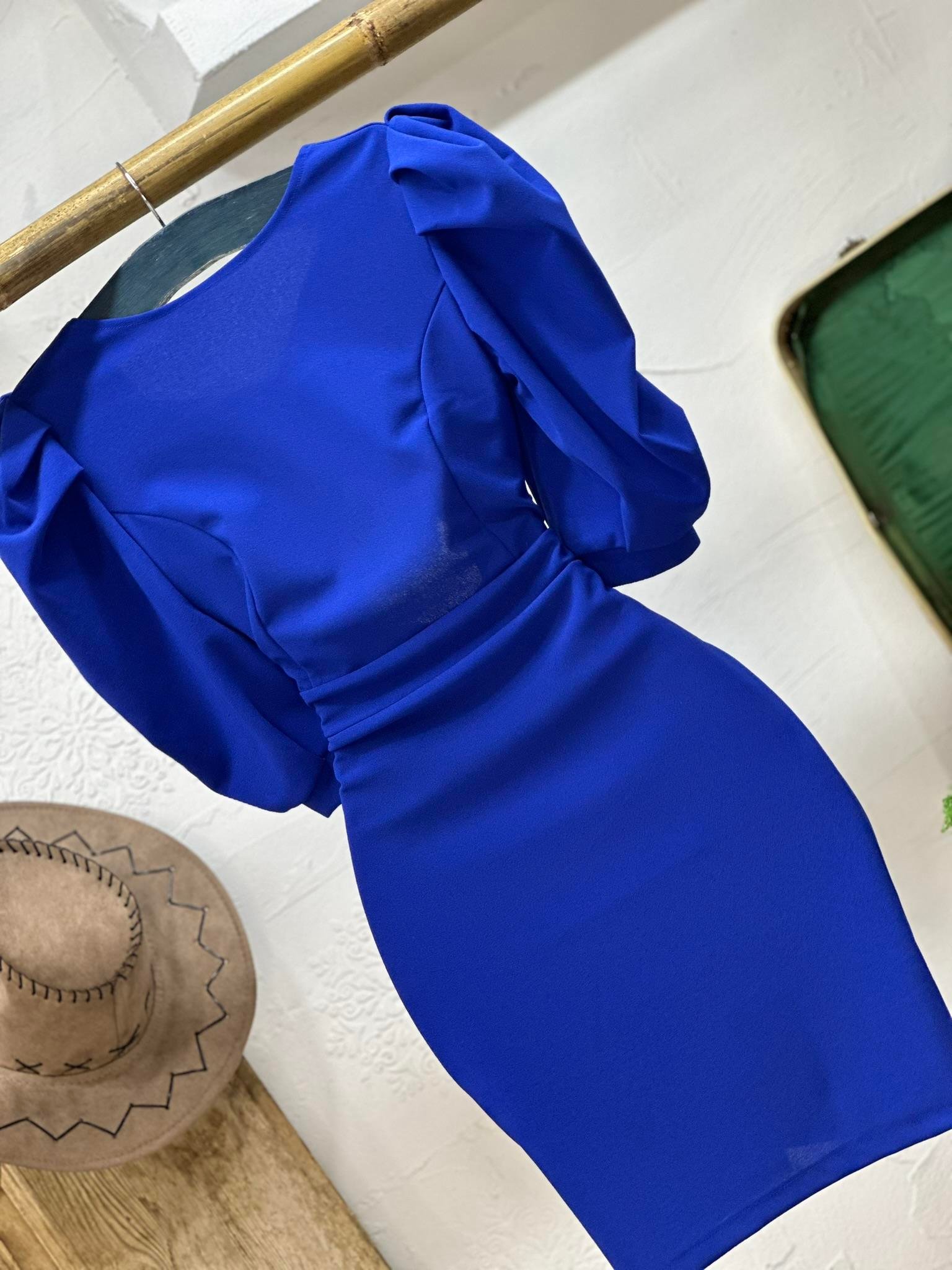 Örme Crep Kumaş Balon Kol Sırt Dekolteli Elbise