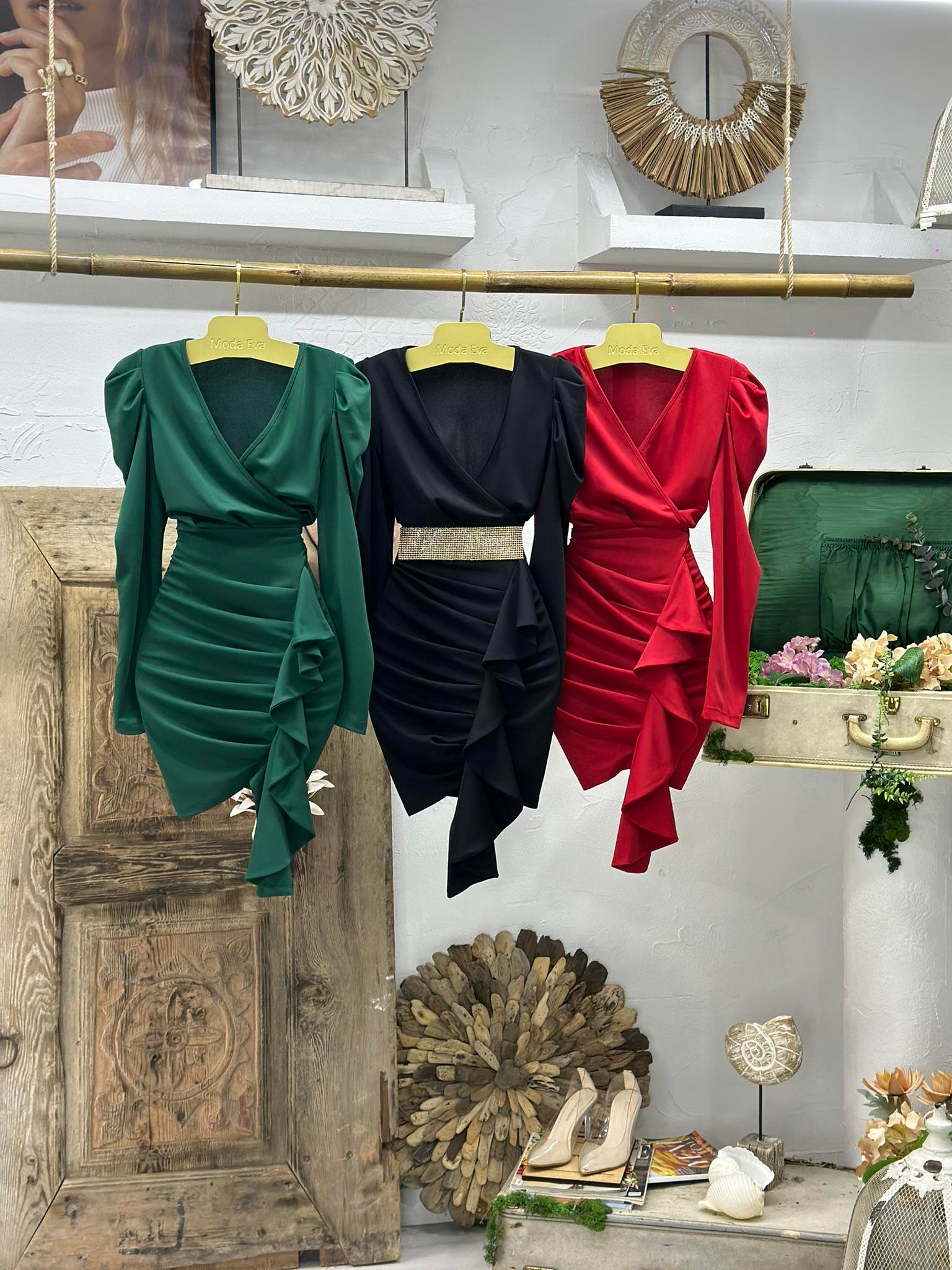 Örme Crep  Kumaş Balon Kol Volan Detay Yeşil Elbise