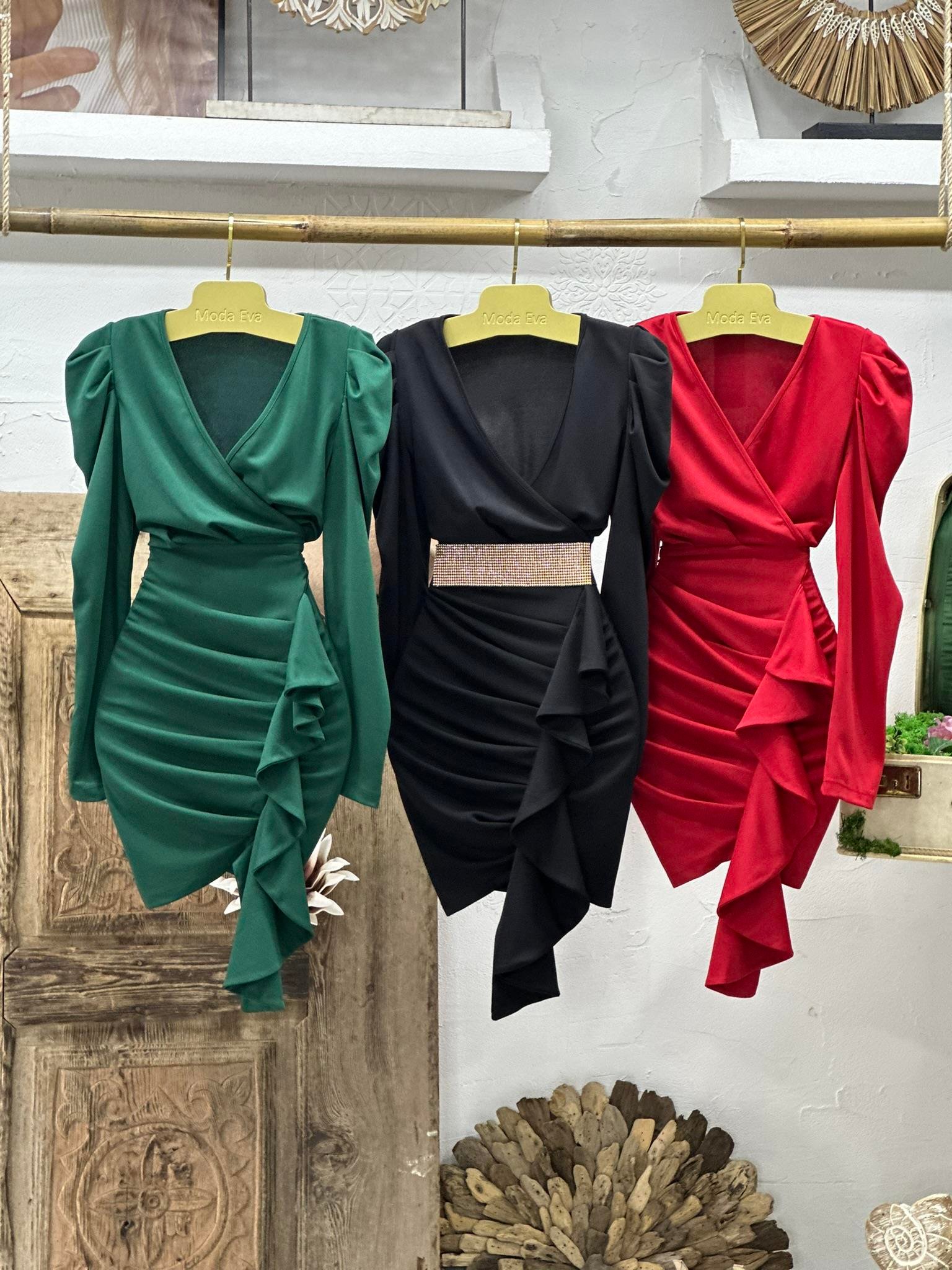 Örme Crep  Kumaş Balon Kol Volan Detay Yeşil Elbise