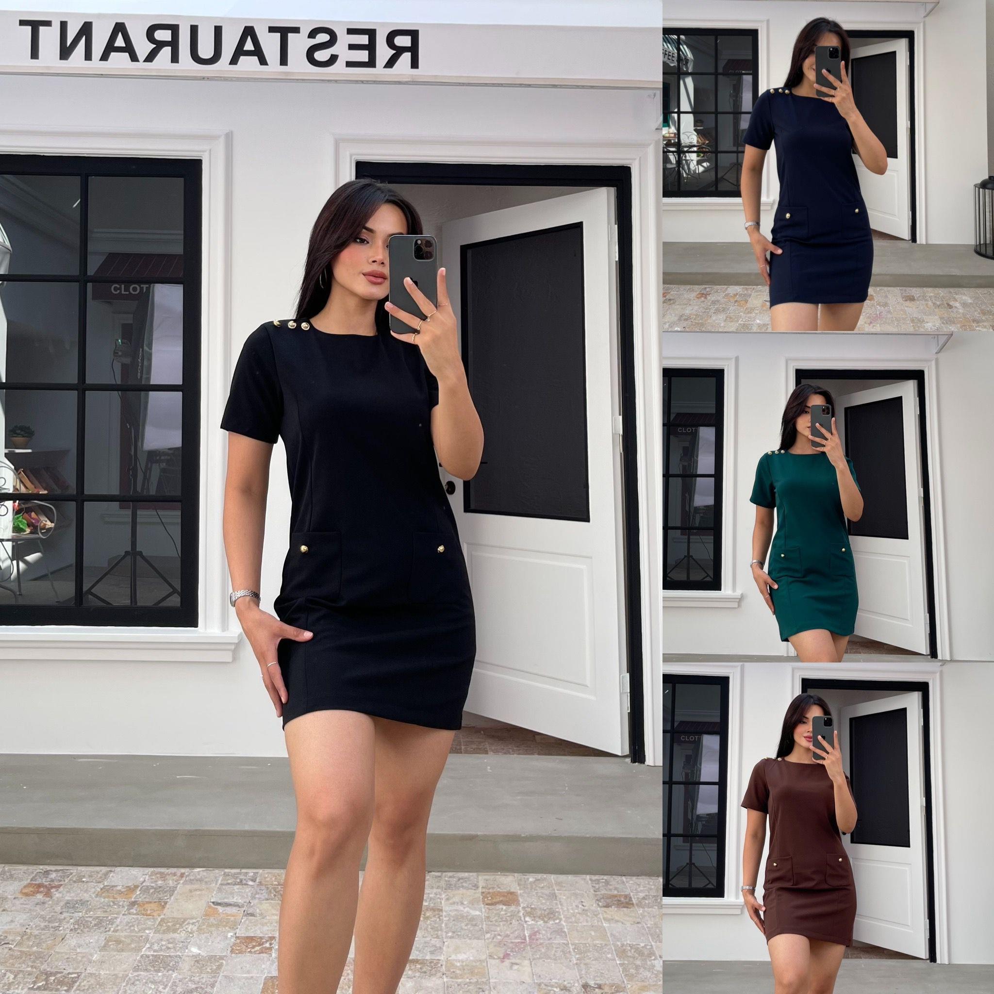 Örme Crep Kumaş Metal Düğme Detaylı Yeşil Elbise