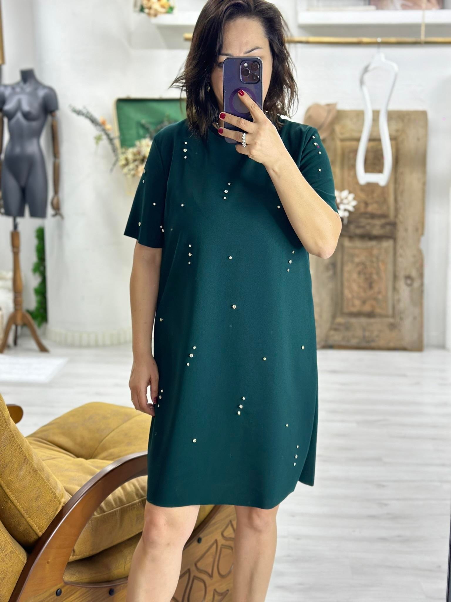 Örme Crep Kumaş Taş Detaylı Yeşil Elbise