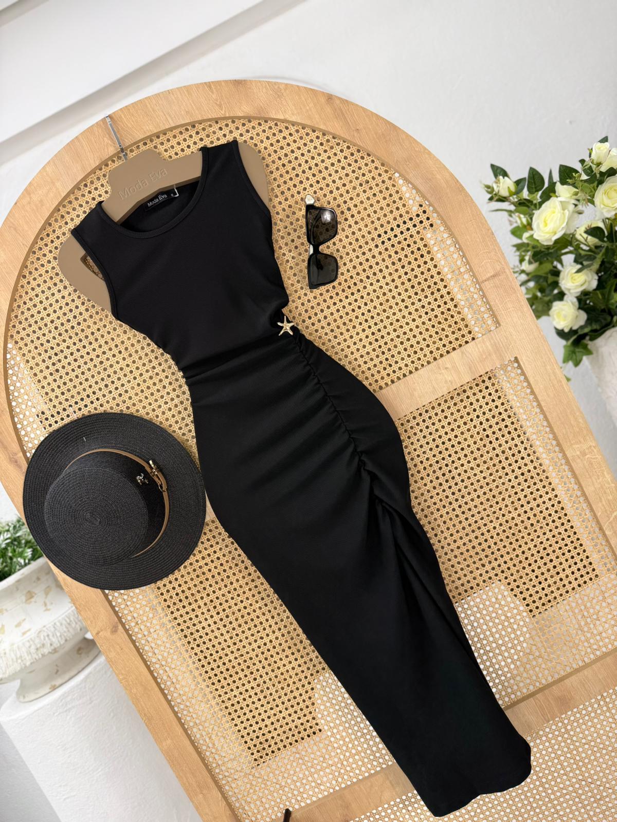 Ottoman Kumaş Deniz Yıldızı Detay Kalem Elbise Siyah 