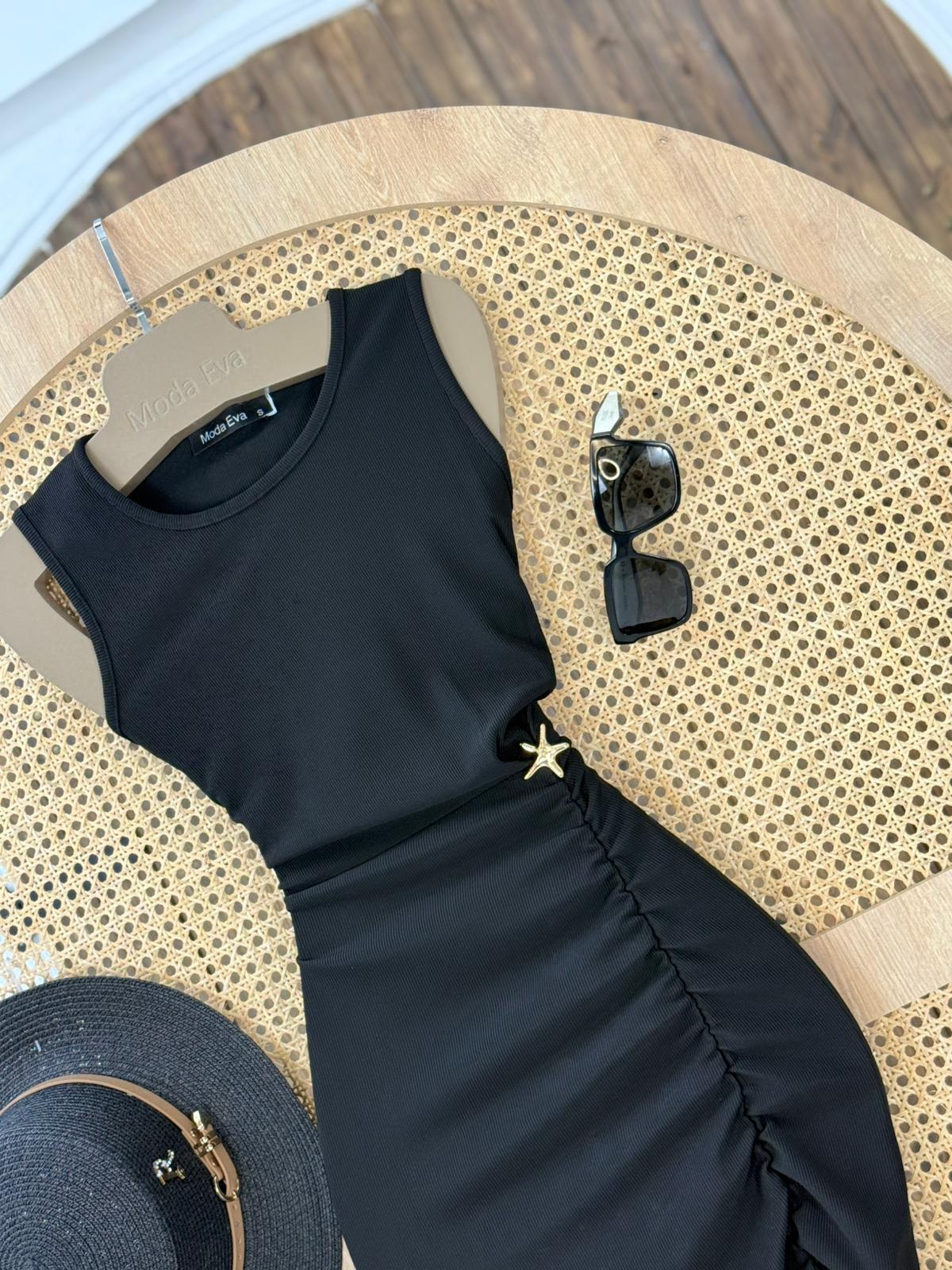 Ottoman Kumaş Deniz Yıldızı Detay Kalem Elbise Siyah 