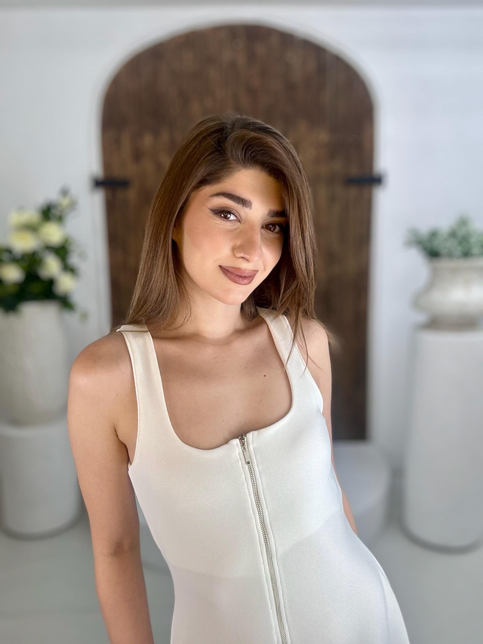 Ottoman Kumaş Fermuarlı Kalın Askılı Elbise Beyaz