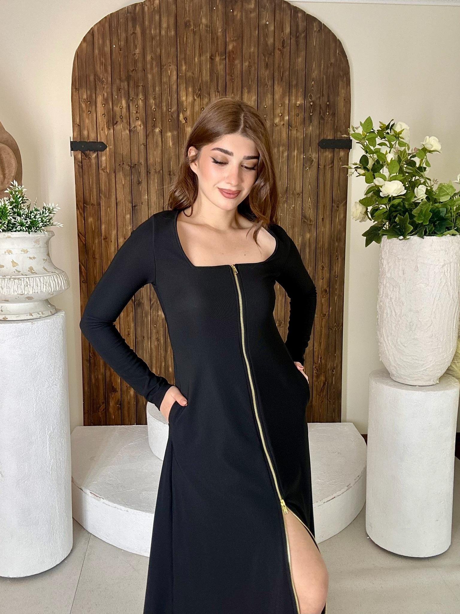 Ottoman Kumaş Fermuarlı Uzun Siyah Elbise