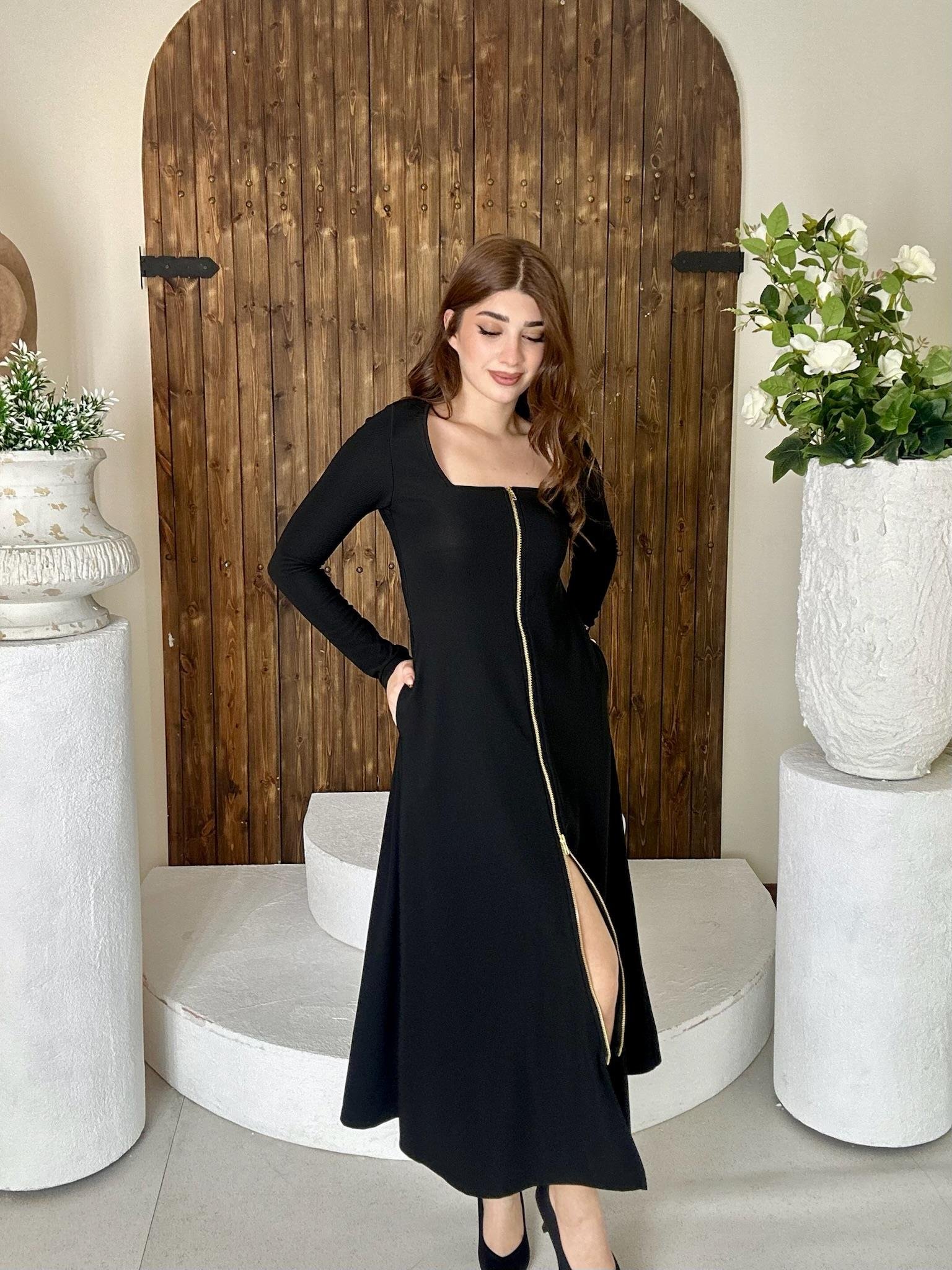 Ottoman Kumaş Fermuarlı Uzun Siyah Elbise