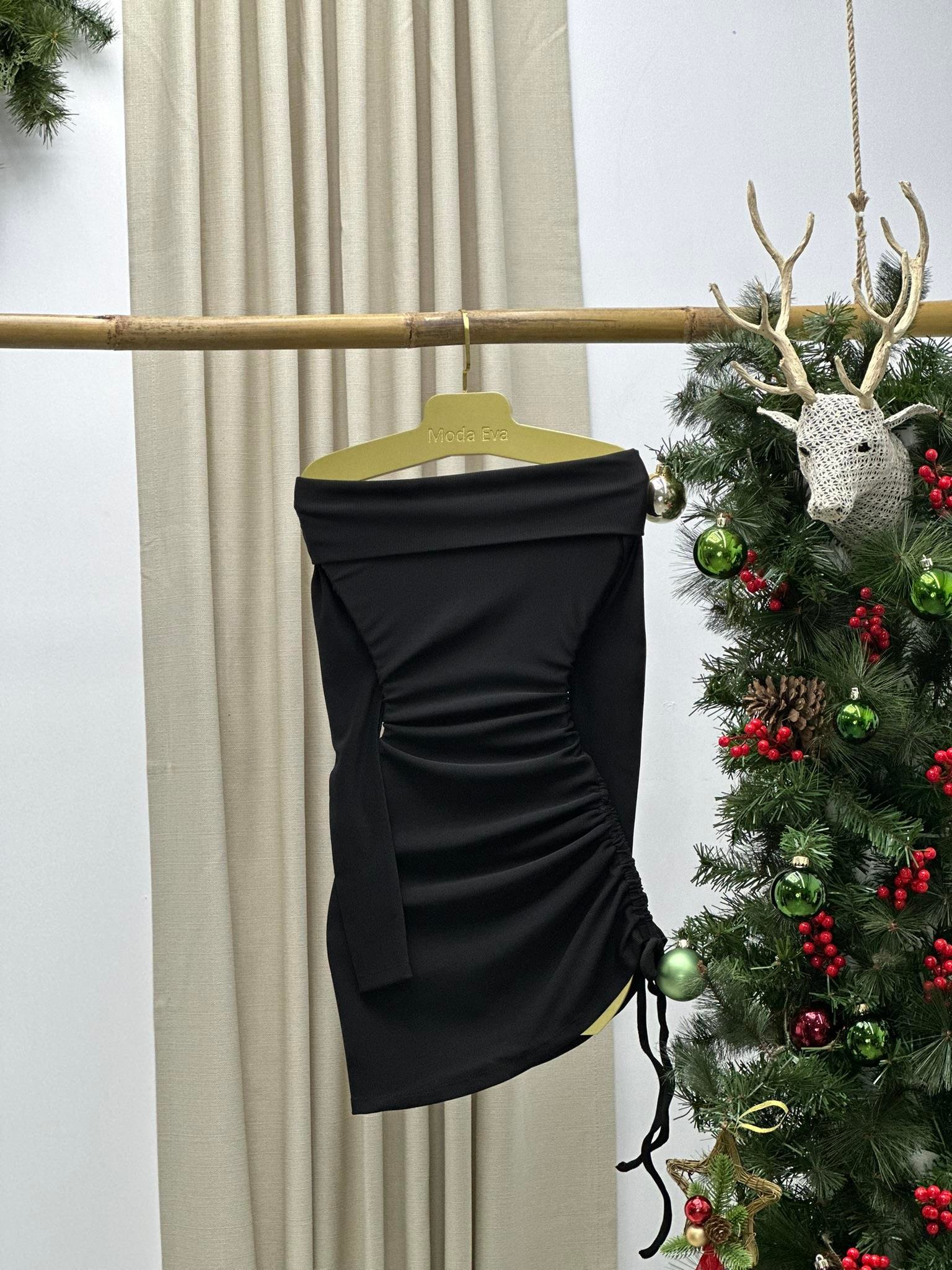 Ottoman Kumaş Madonna Yaka Asansör Büzgülü Elbise Siyah