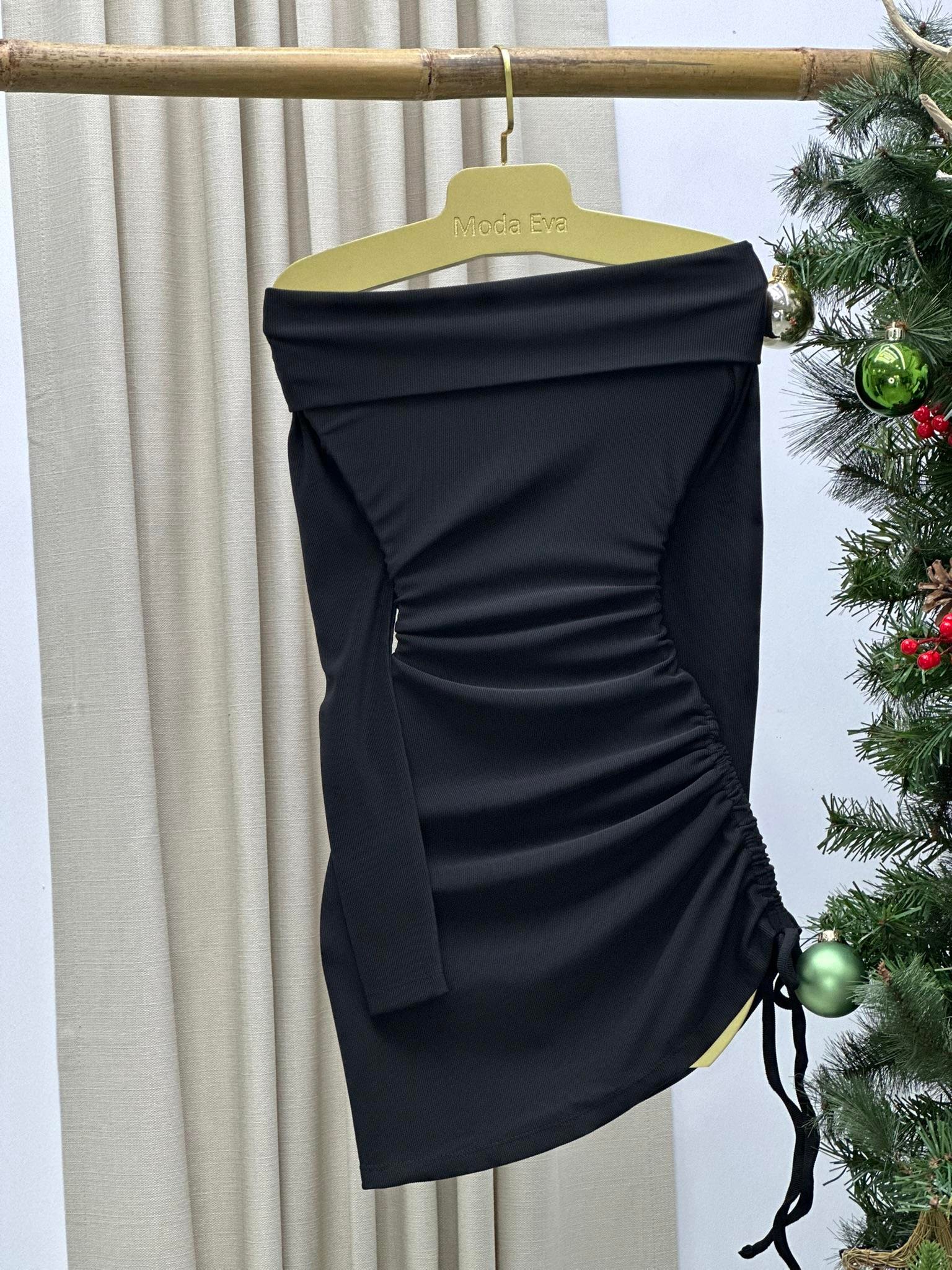 Ottoman Kumaş Madonna Yaka Asansör Büzgülü Elbise Siyah