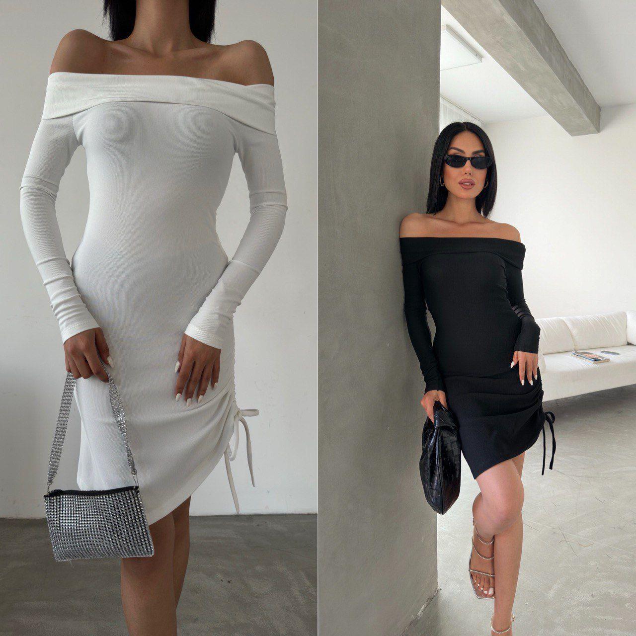 Ottoman Kumaş Madonna Yaka Asansör Büzgülü Elbise Siyah