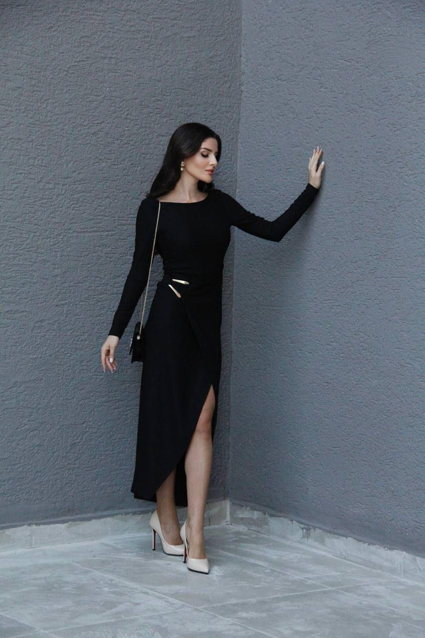 Ottoman Kumaş Metal Aksesuarlı Tasarım Siyah Uzun Elbise