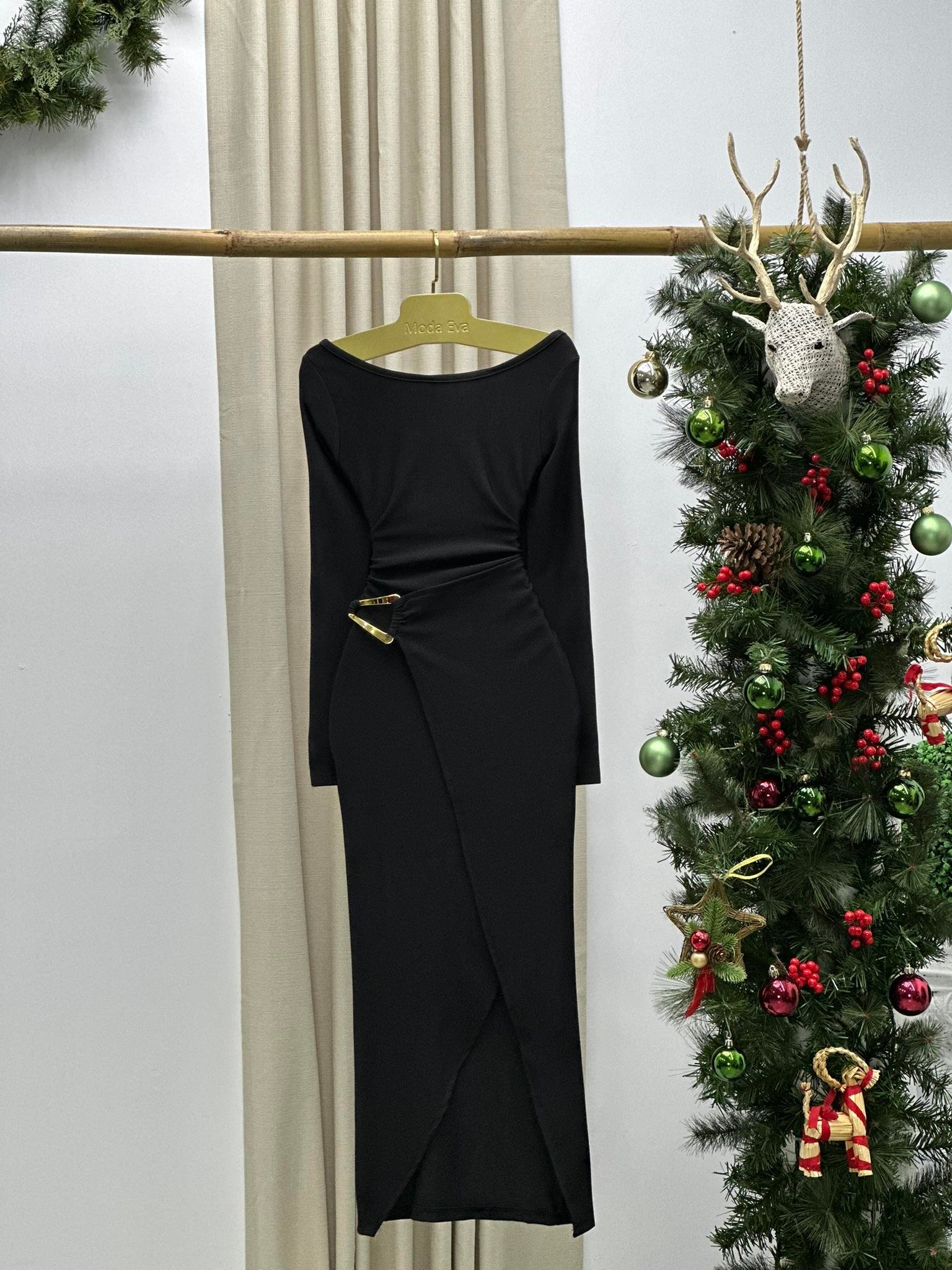 Ottoman Kumaş Metal Aksesuarlı Tasarım Siyah Uzun Elbise