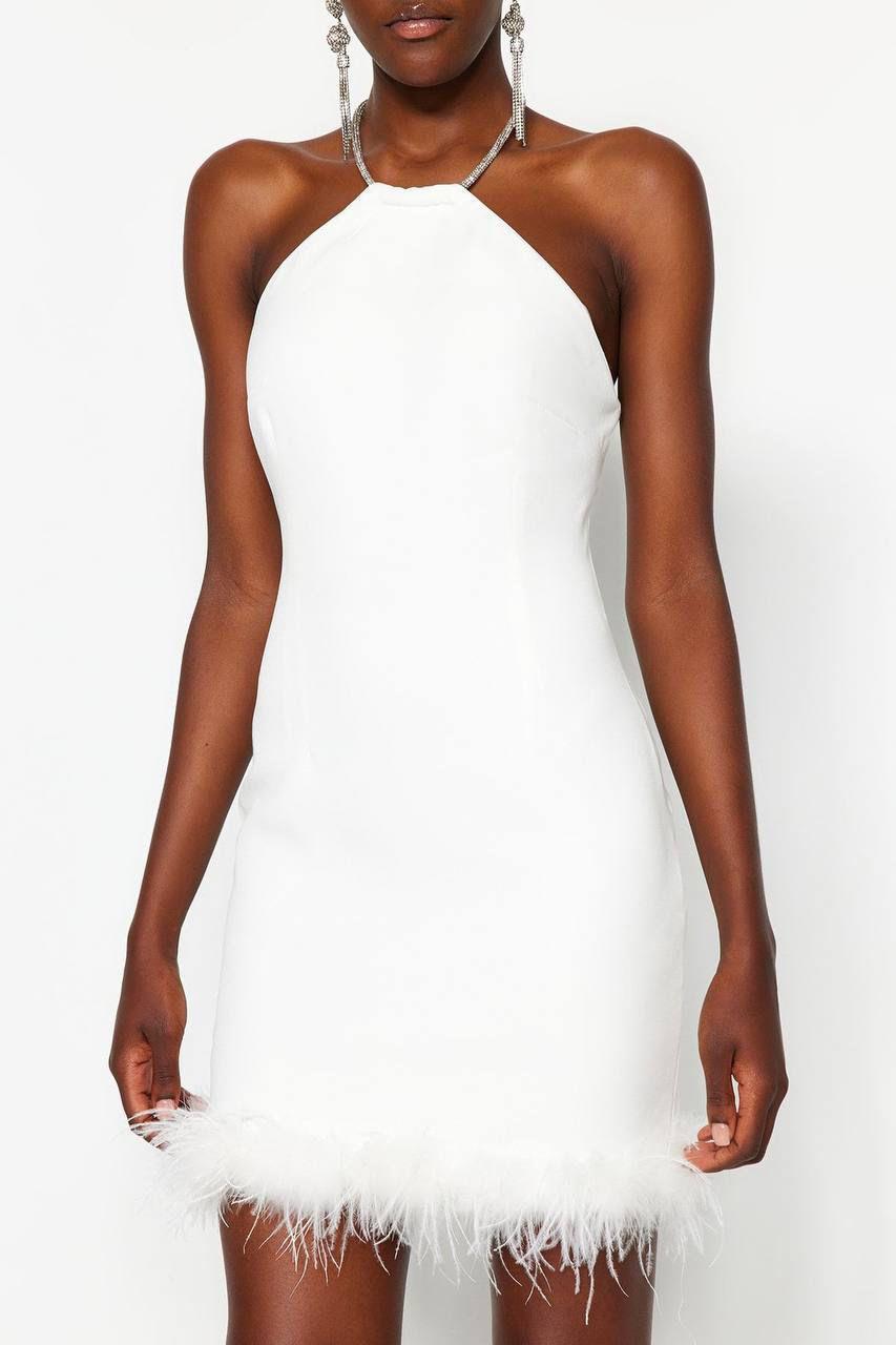 Ottoman Kumaş Otriş Detay Taş Askılı Tasarım Mini Elbise Beyaz