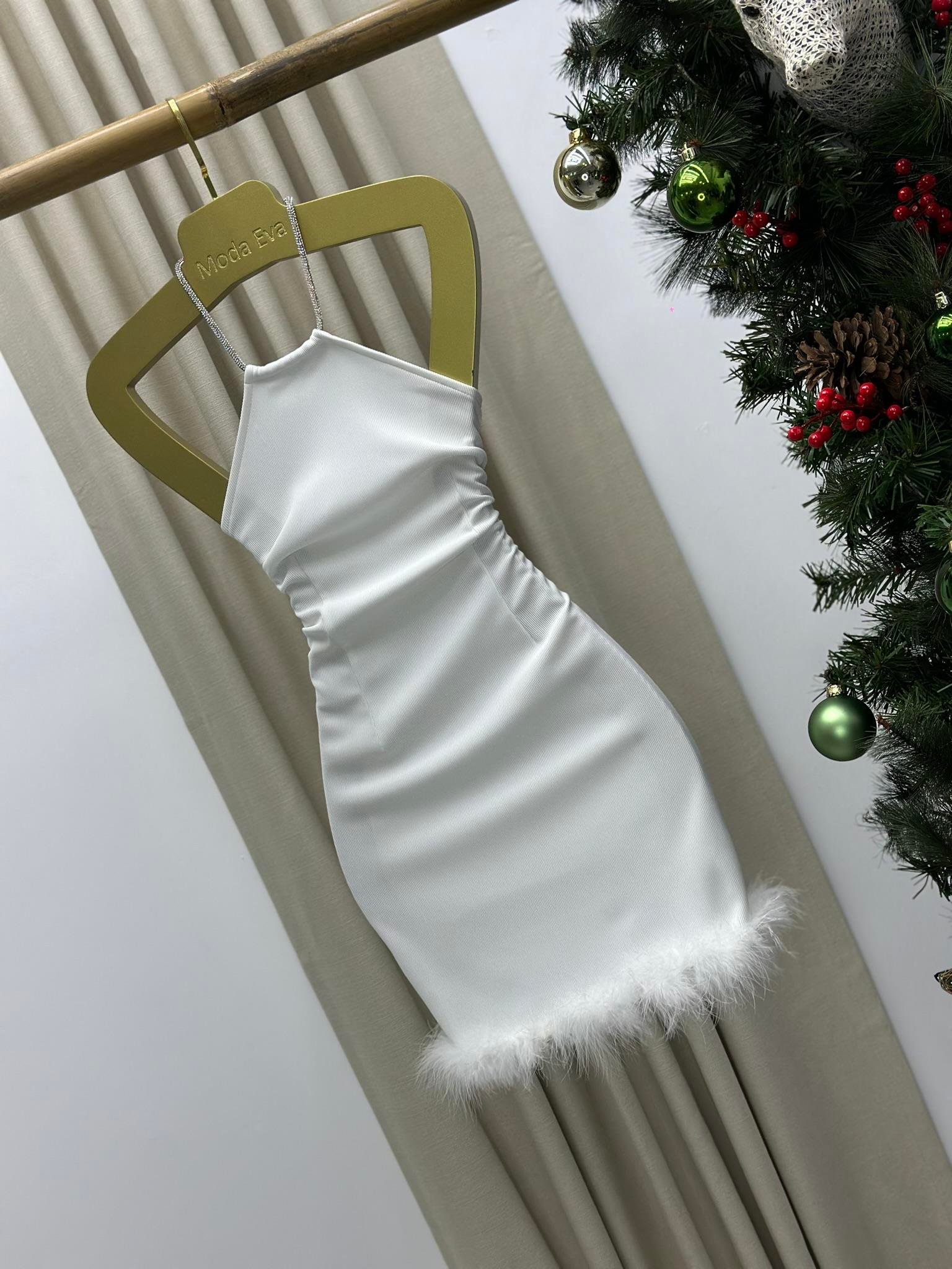 Ottoman Kumaş Otriş Detay Taş Askılı Tasarım Mini Elbise Beyaz