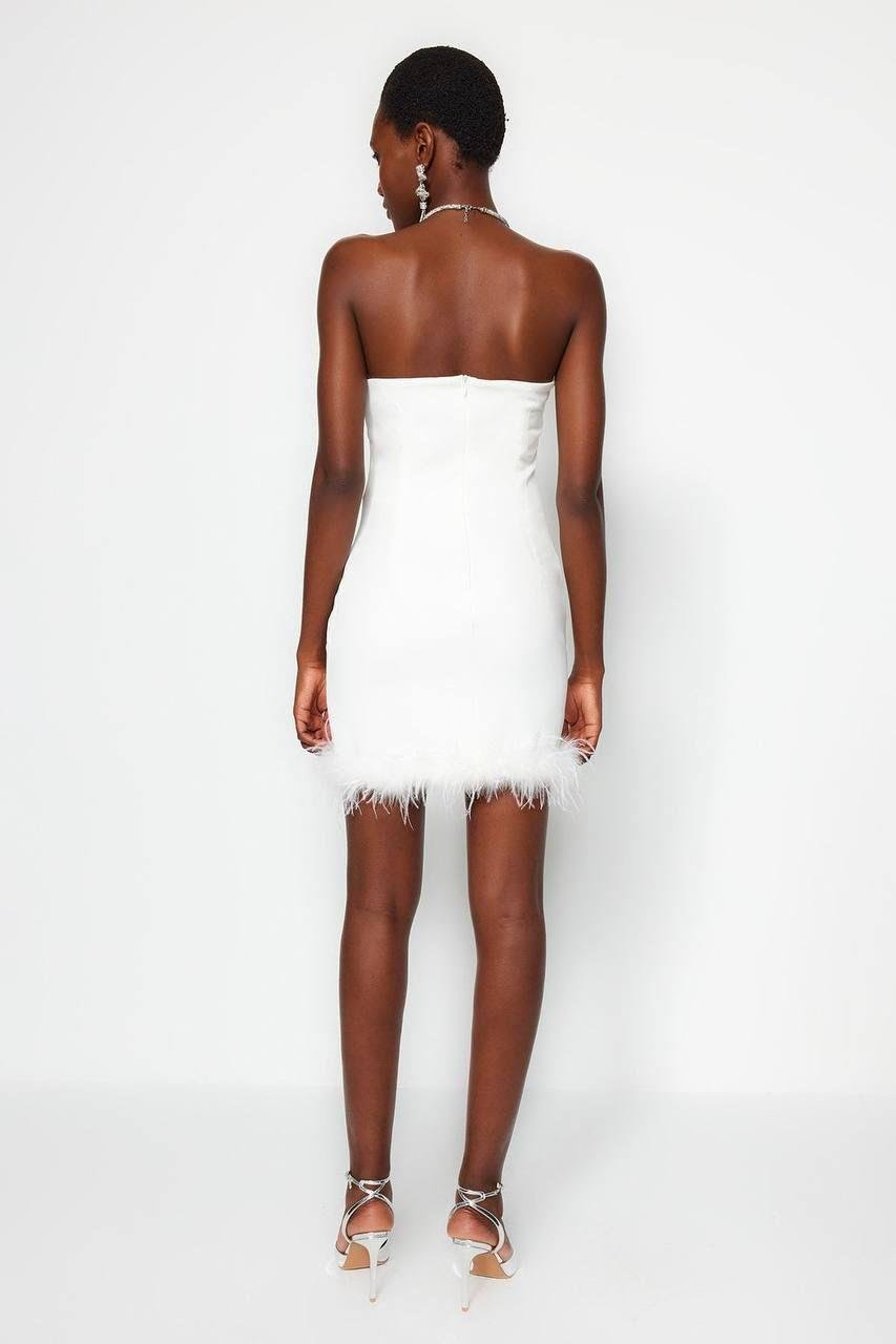 Ottoman Kumaş Otriş Detay Taş Askılı Tasarım Mini Elbise Beyaz