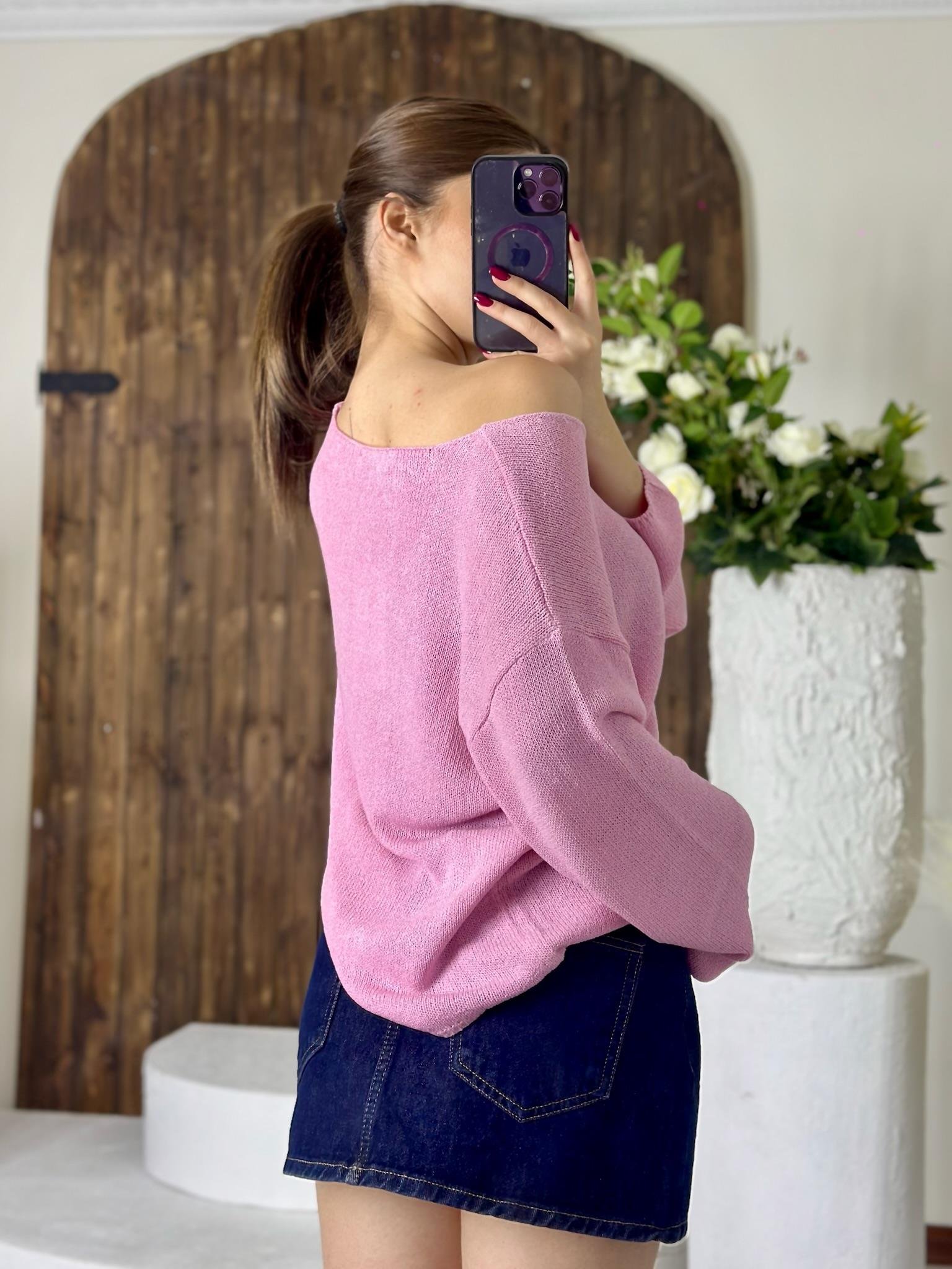 Oval Yaka Yumuşak Dokulu Merserize Triko Kazak Pudra