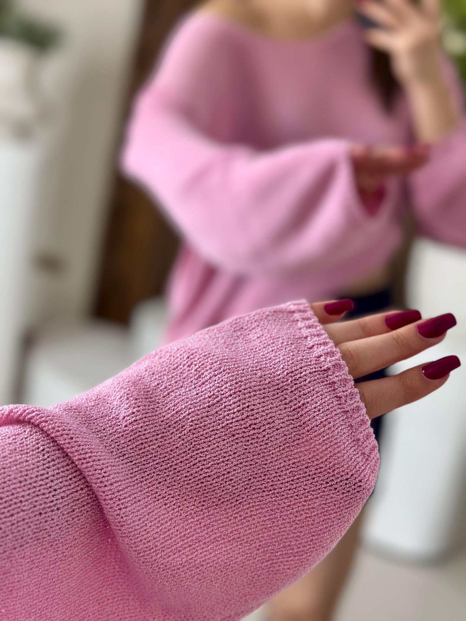 Oval Yaka Yumuşak Dokulu Merserize Triko Kazak Pudra